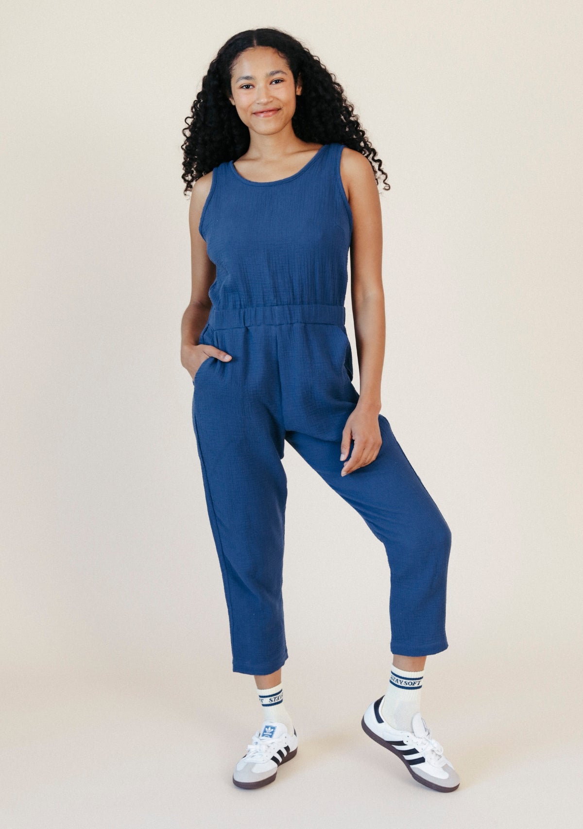Women's Organic Cotton Double Gauze Jumpsuit color Navy sizes XS-3X made in the USA