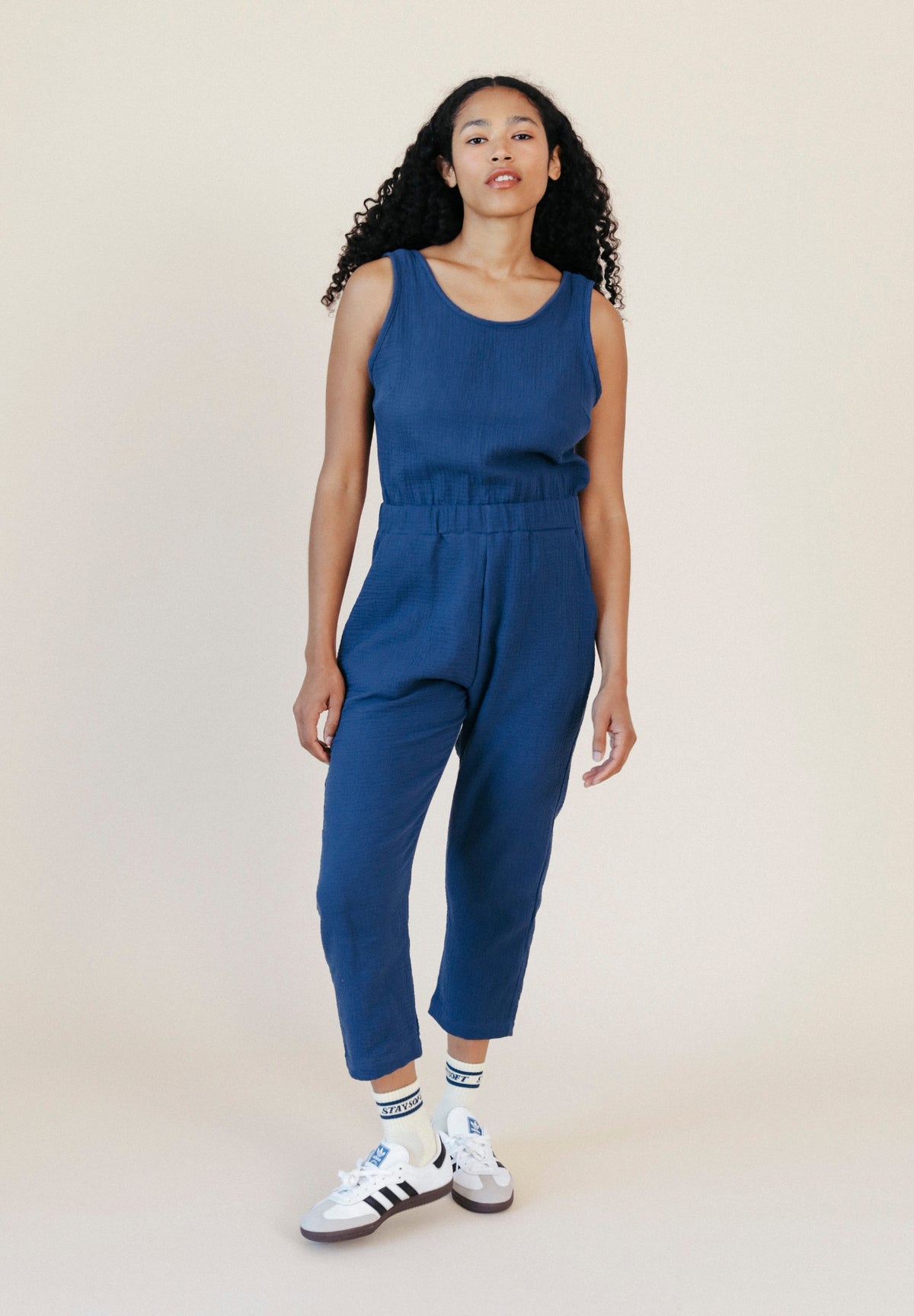 Women's Organic Cotton Double Gauze Jumpsuit color Navy sizes XS-3X made in the USA