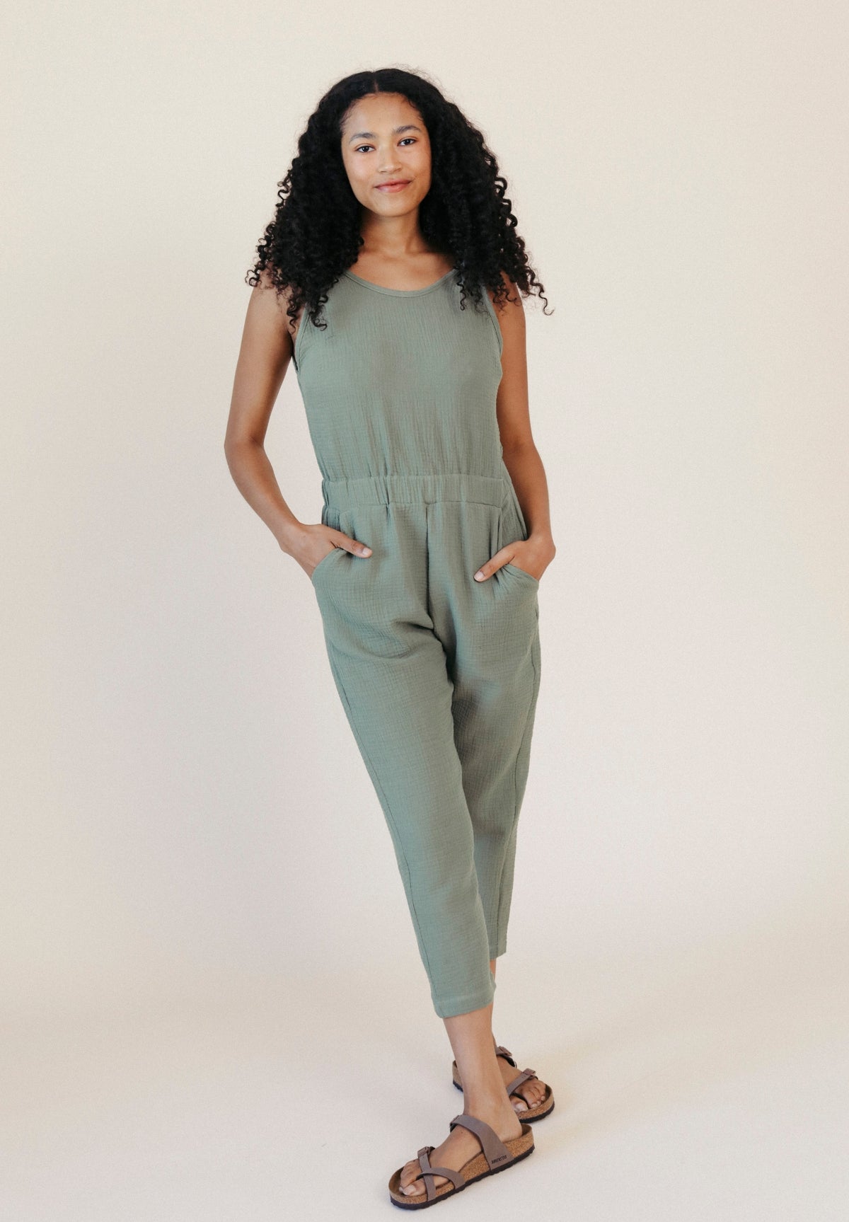 Women's Organic Cotton Gauze Jumpsuit Sage Green size XS-3X made in the USA