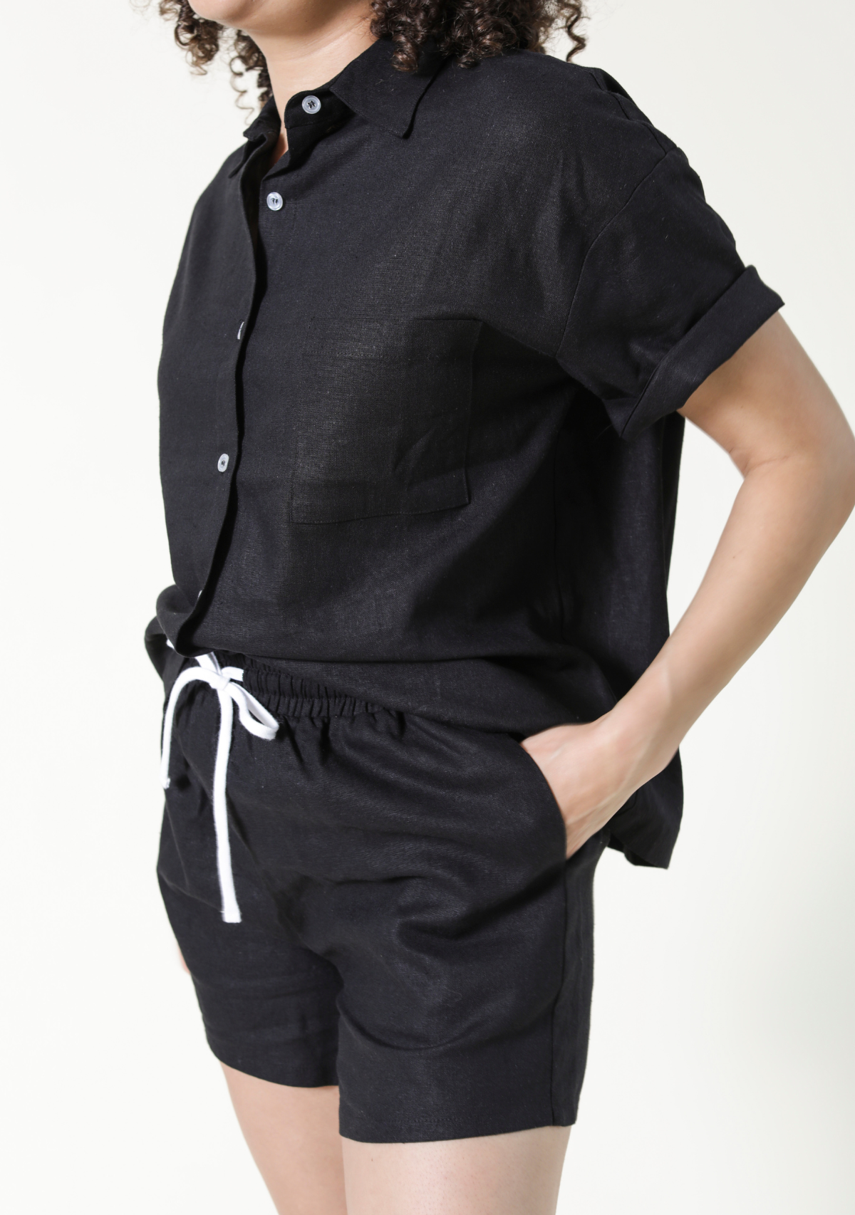 Women's cinched linen shorts with drawstring sizes XS-3X. Women's Linen Shirt and Shorts Set