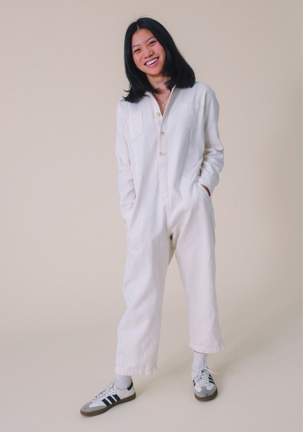 Women's Denim Jumpsuit sizes XS-3X. Women's Upcycled Denim Jumpsuit Natural color sewn in America.