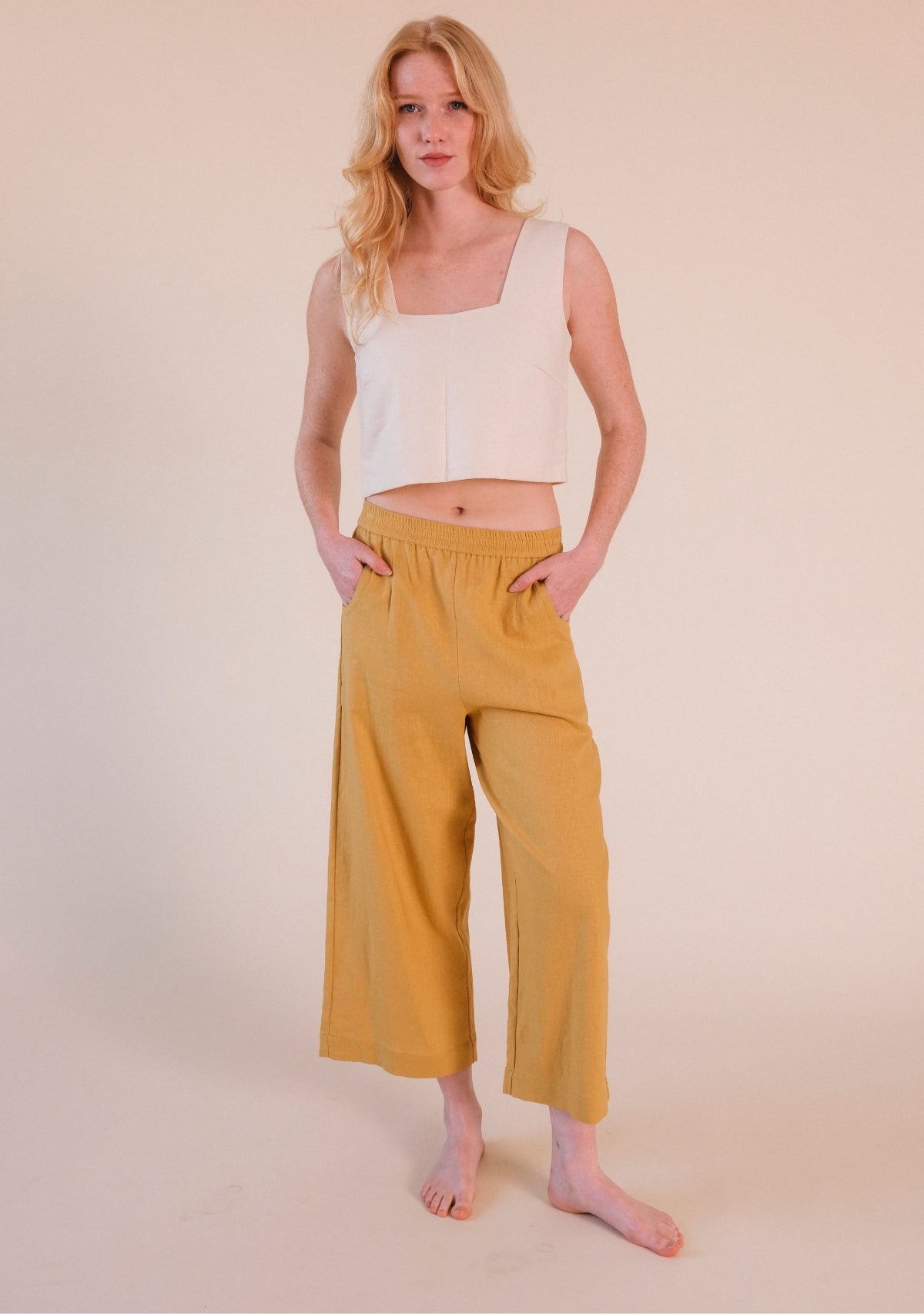 women's size-inclusive wide leg cropped linen pant in color gold size XS-3X