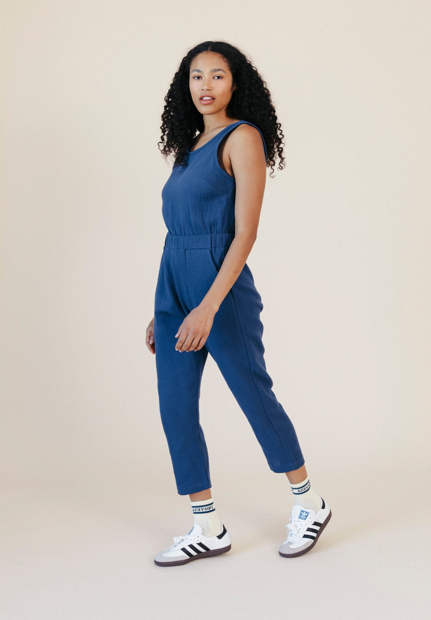 Women's Organic Cotton Double Gauze Jumpsuit color Navy sizes XS-3X made in the USA