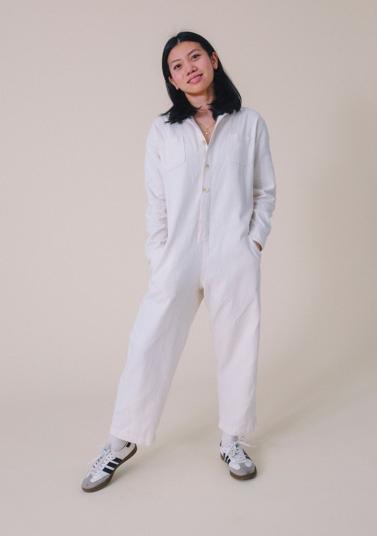 Women's Denim Jumpsuit sizes XS-3X. Women's Upcycled Denim Jumpsuit Natural color sewn in America. The New Denim Project