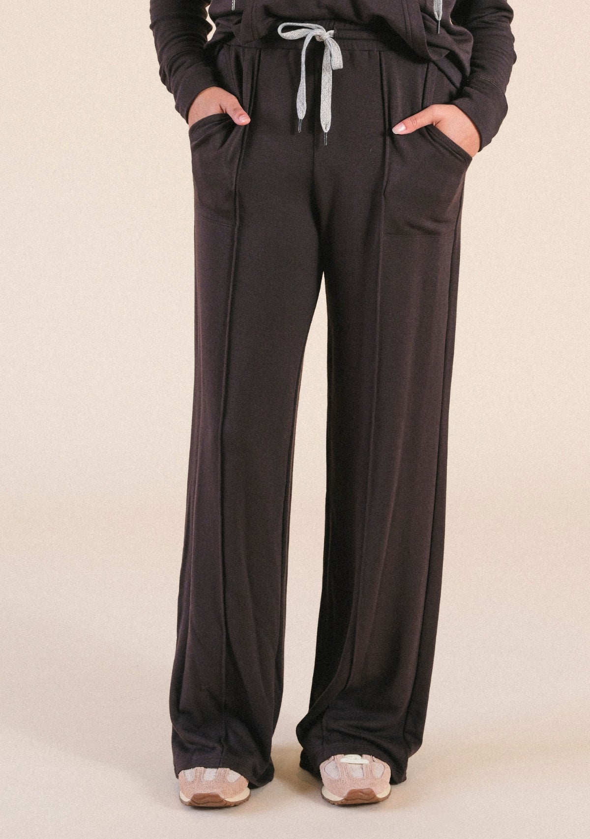 Women's modal wideleg jogger pants with pockets and drawstring in dark brown sizes XS-3X. Eco-friendly made in America.
