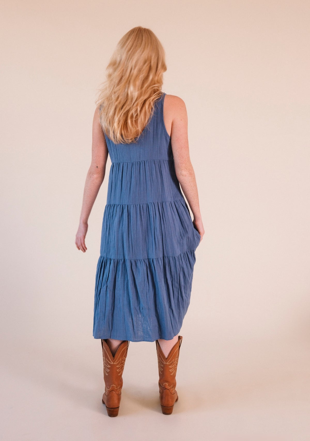 tiered organic cotton gauze blue dress women sizes XS-3X