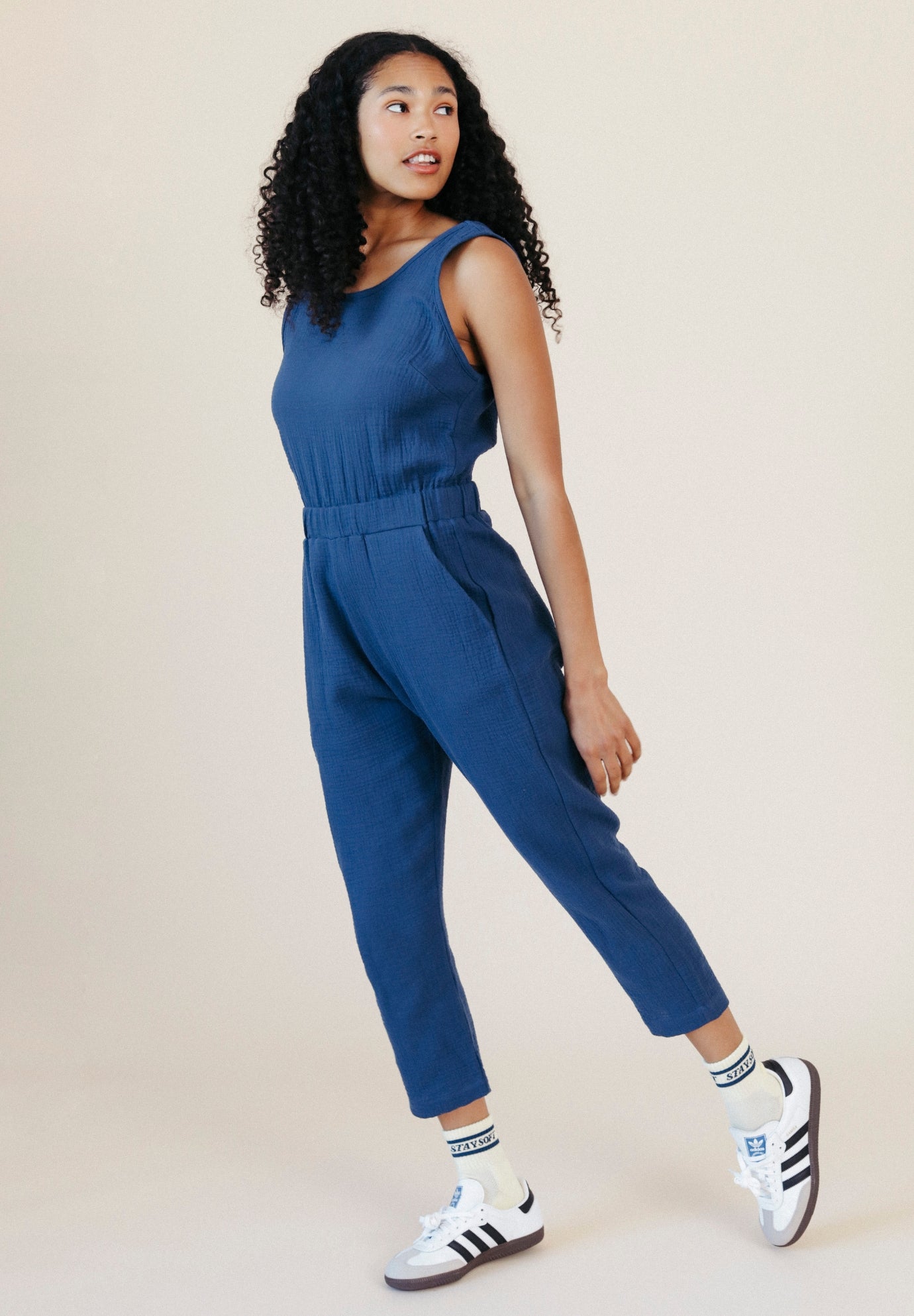 Women's Organic Cotton Double Gauze Jumpsuit color Navy sizes XS-3X made in the USA