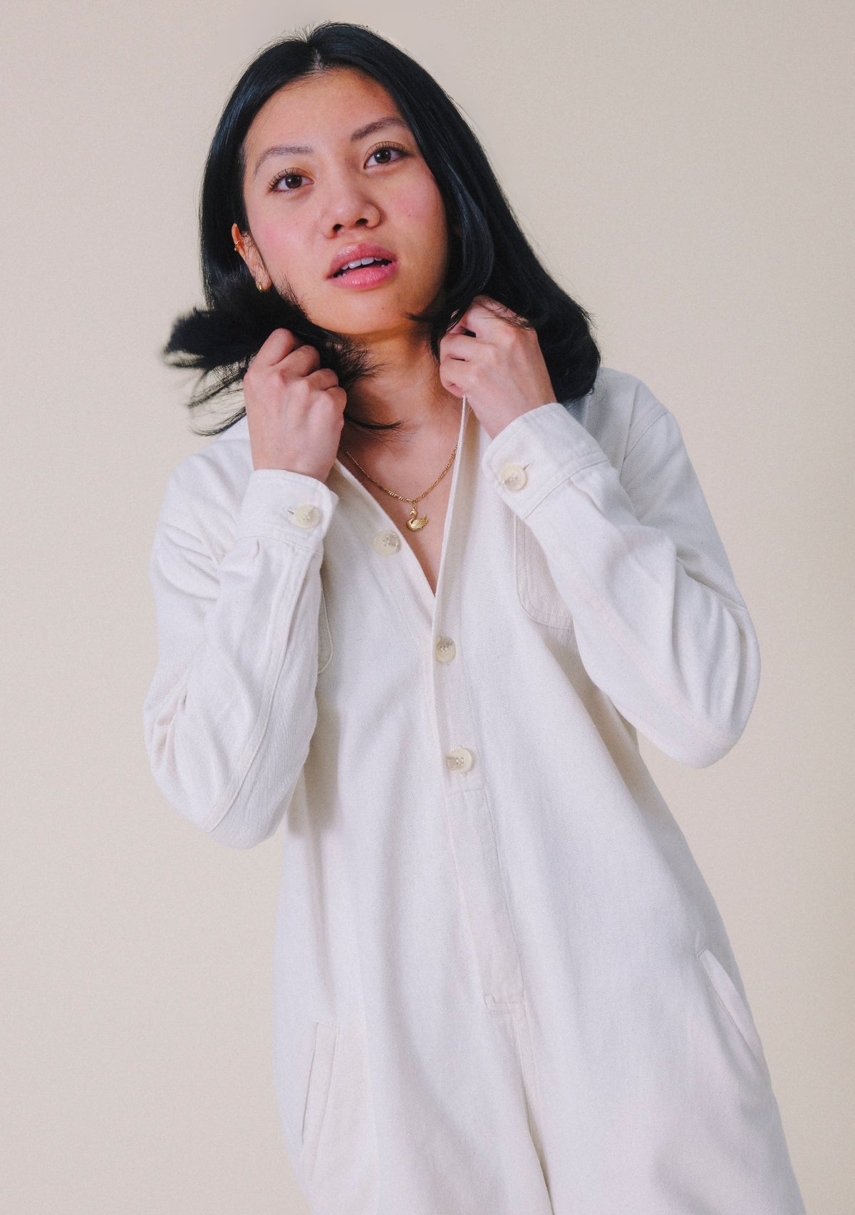 Women's Denim Jumpsuit sizes XS-3X. Women's Upcycled Denim Jumpsuit Natural color sewn in America. The New Denim Project
