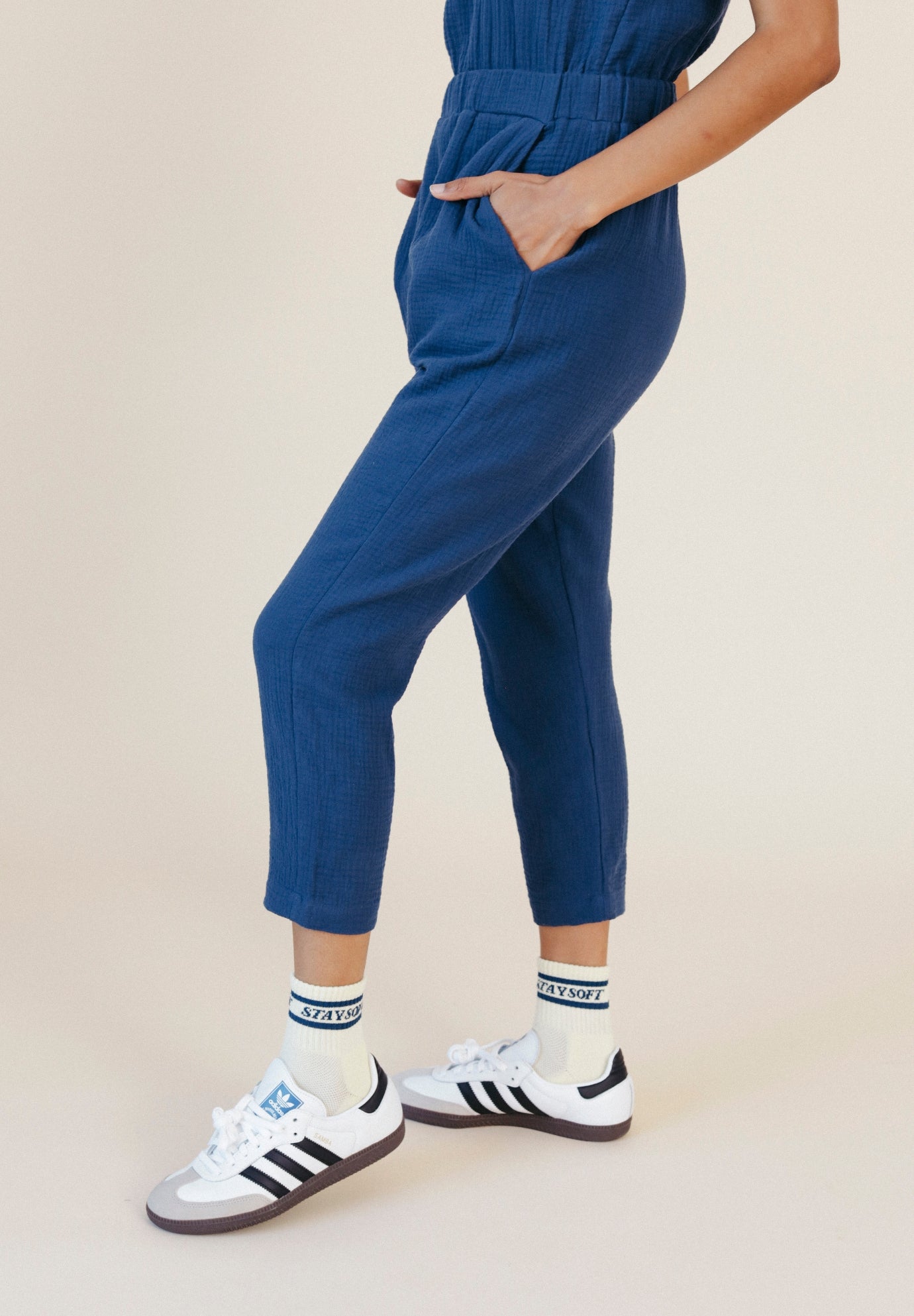Women's Organic Cotton Double Gauze Jumpsuit color Navy sizes XS-3X made in the USA