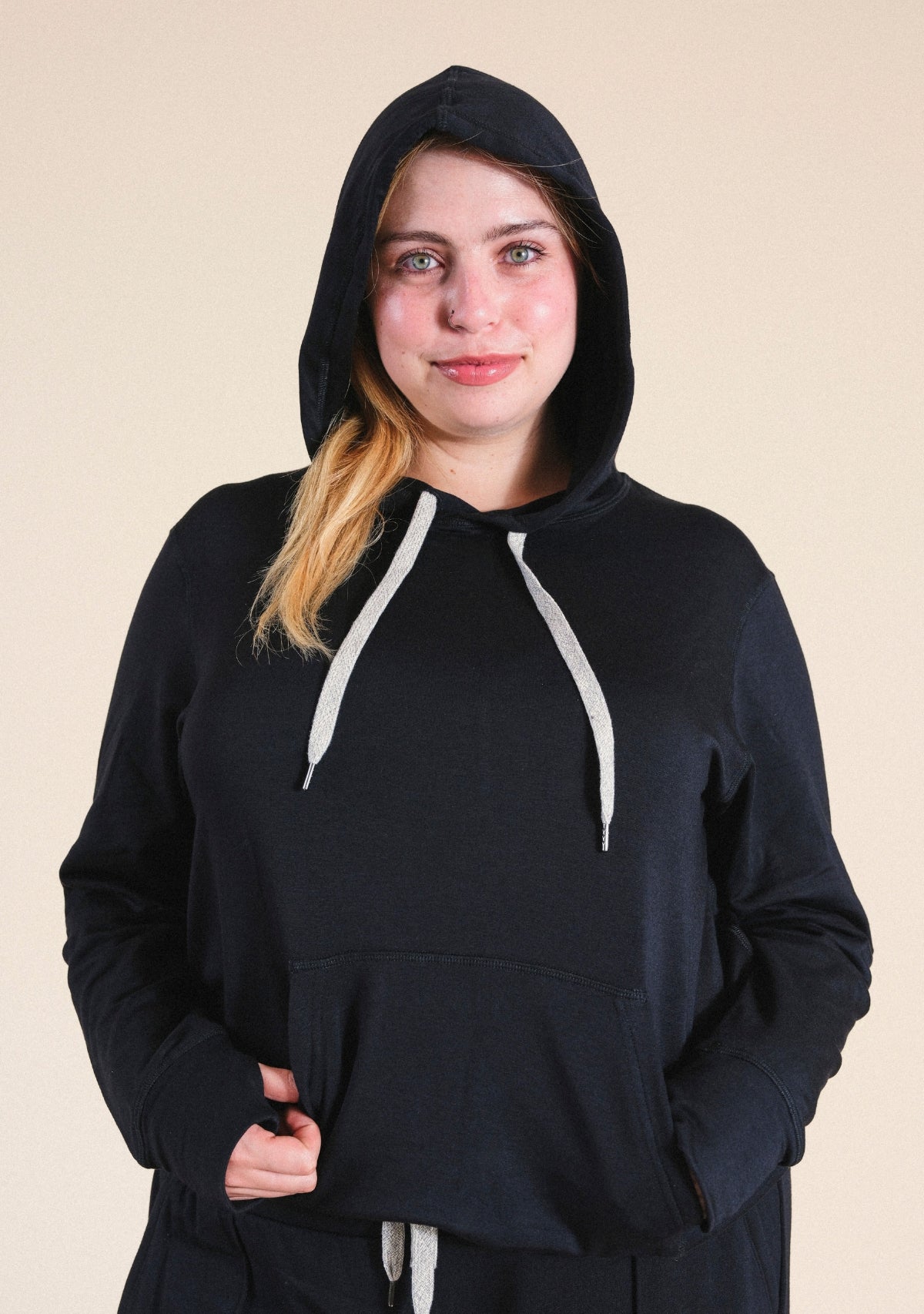 Women's Modal Black Hoodie with drawstrings sizes XS-3X eco-friendly made in the USA