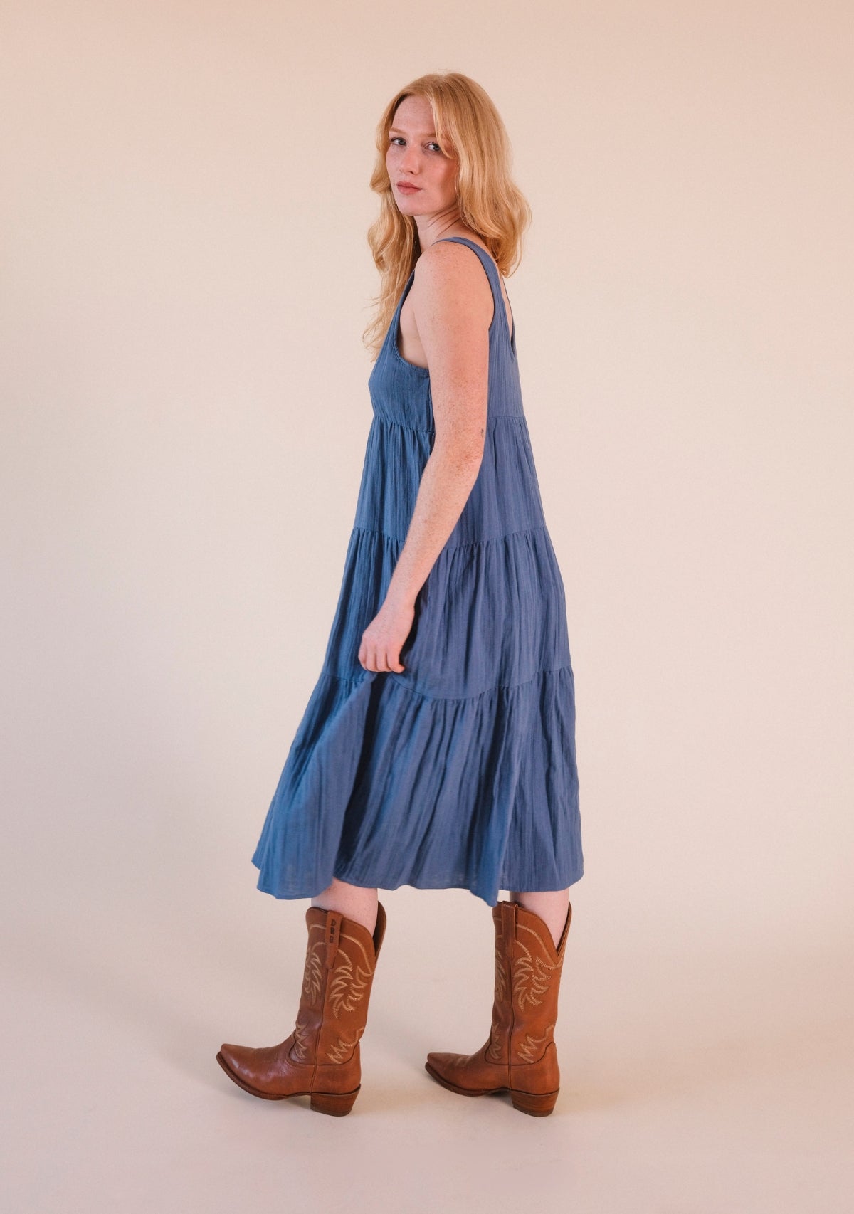 tiered organic cotton gauze blue dress women sizes XS-3X