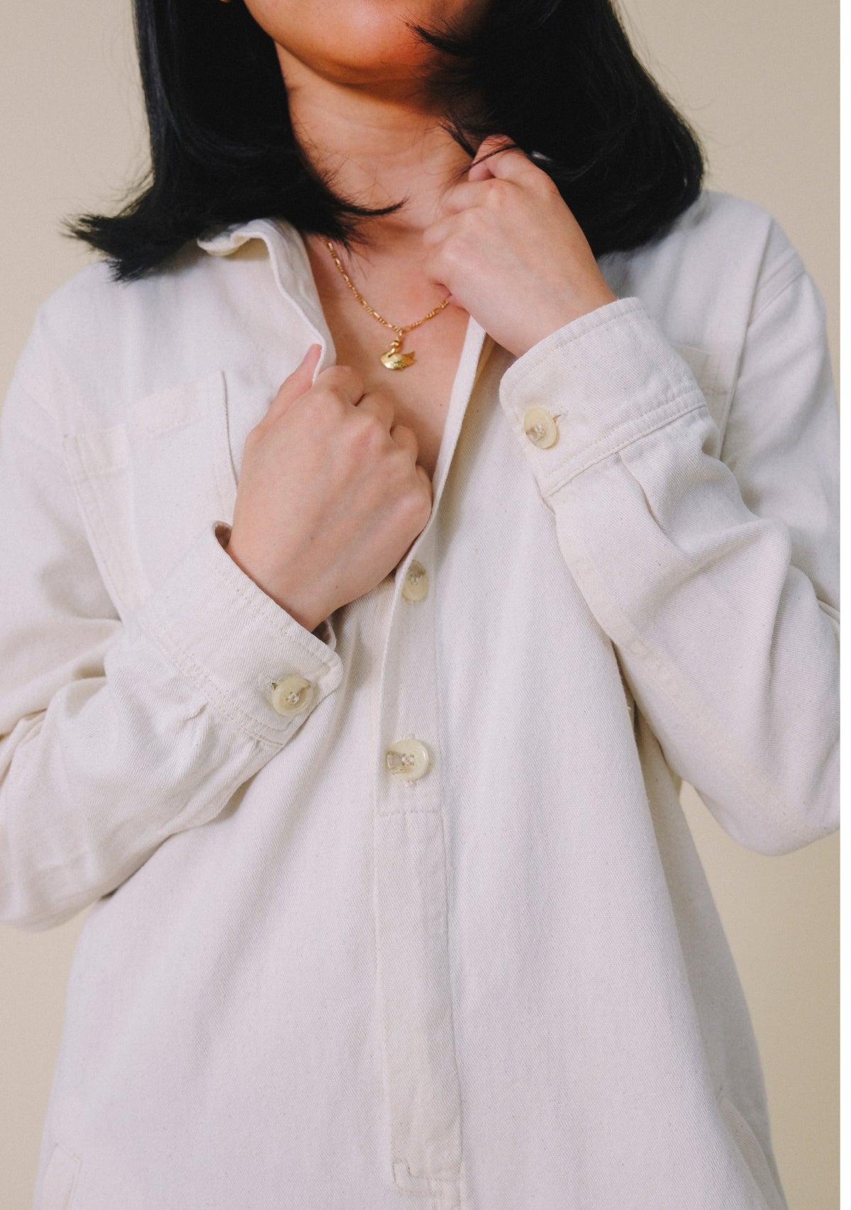 Women's Denim Jumpsuit sizes XS-3X. Women's Upcycled Denim Jumpsuit Natural color sewn in America. The New Denim Project