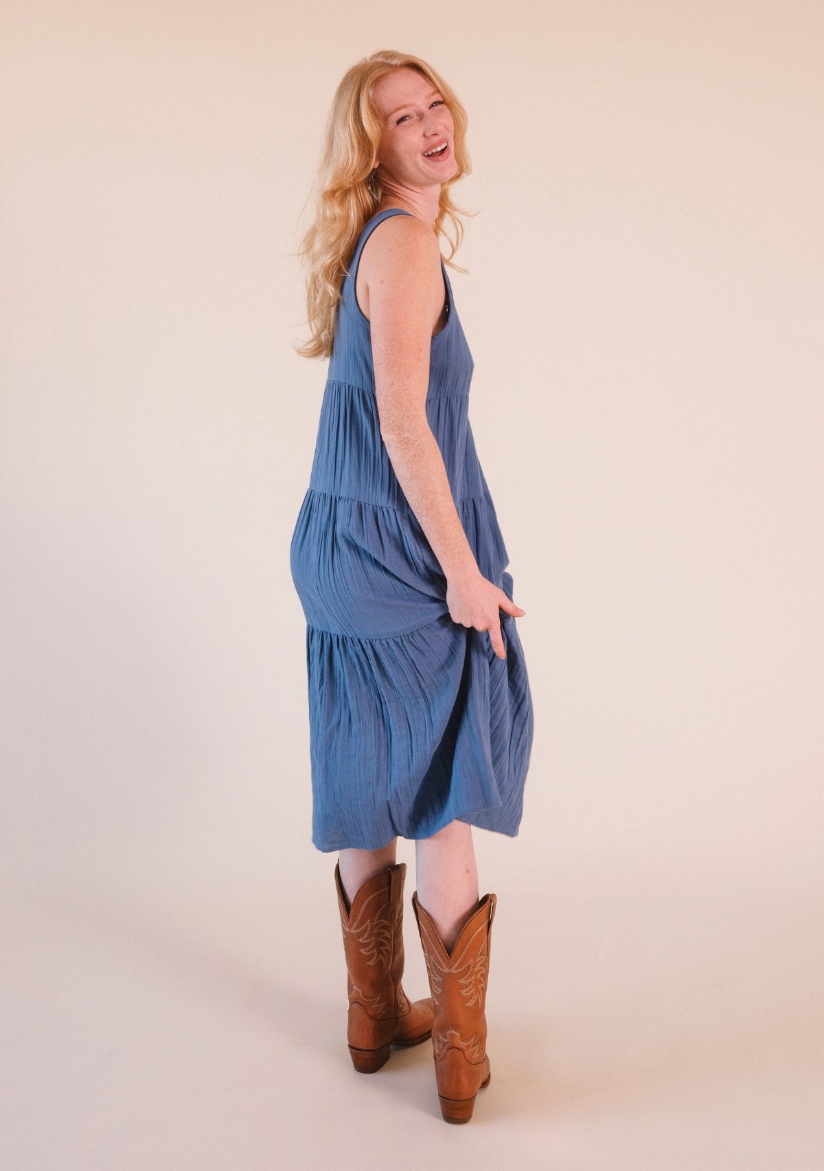 tiered organic cotton gauze blue dress women sizes XS-3X