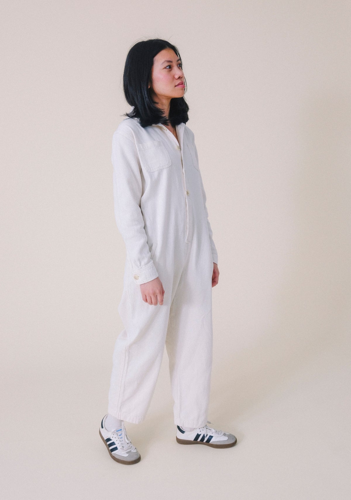 Women's Denim Jumpsuit sizes XS-3X. Women's Upcycled Denim Jumpsuit Natural color sewn in America. The New Denim Project