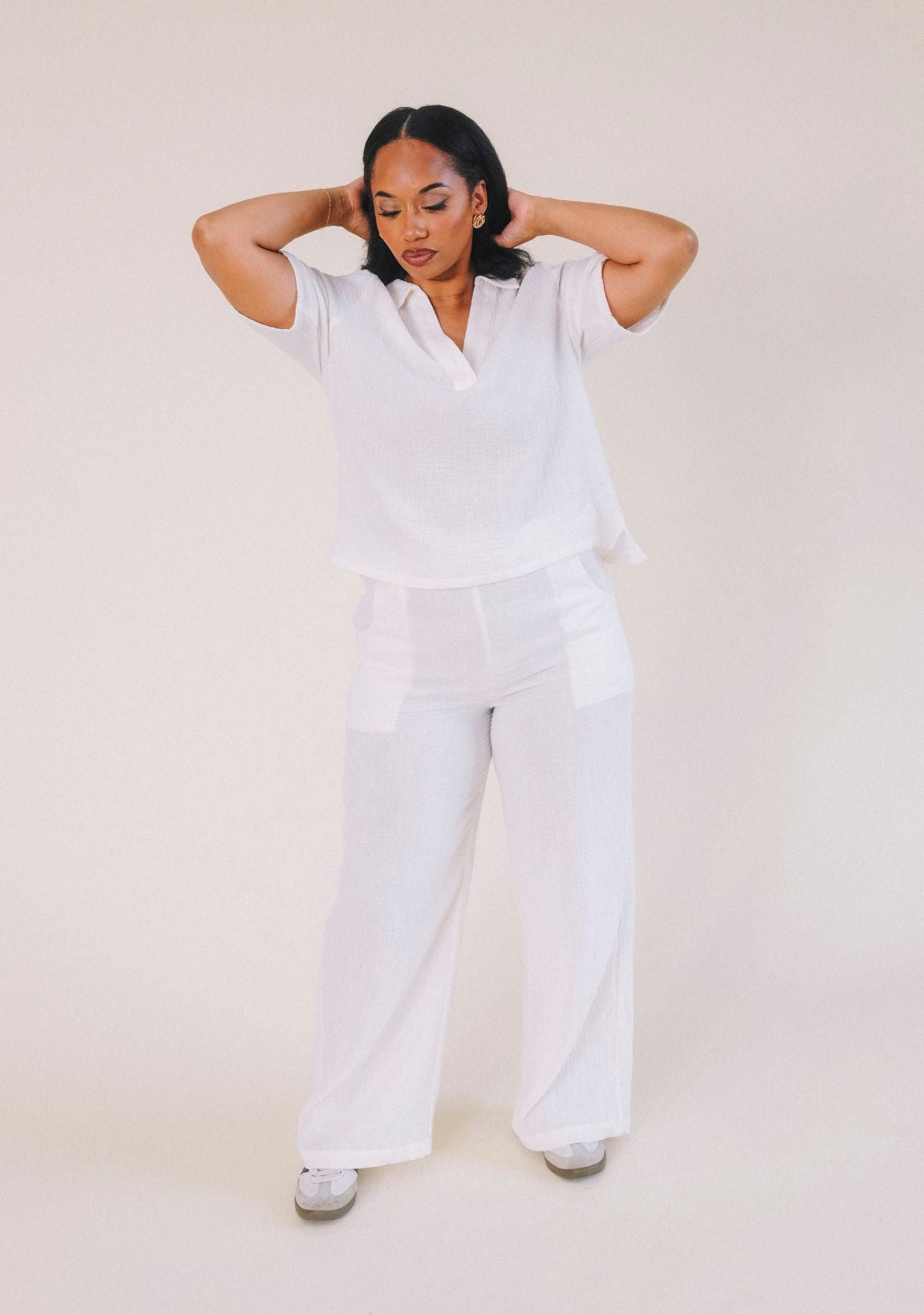 Poplinen x Simone Organic Cotton Gauze Long Wide Leg Pant in color Natural. women's sizes XS-3X