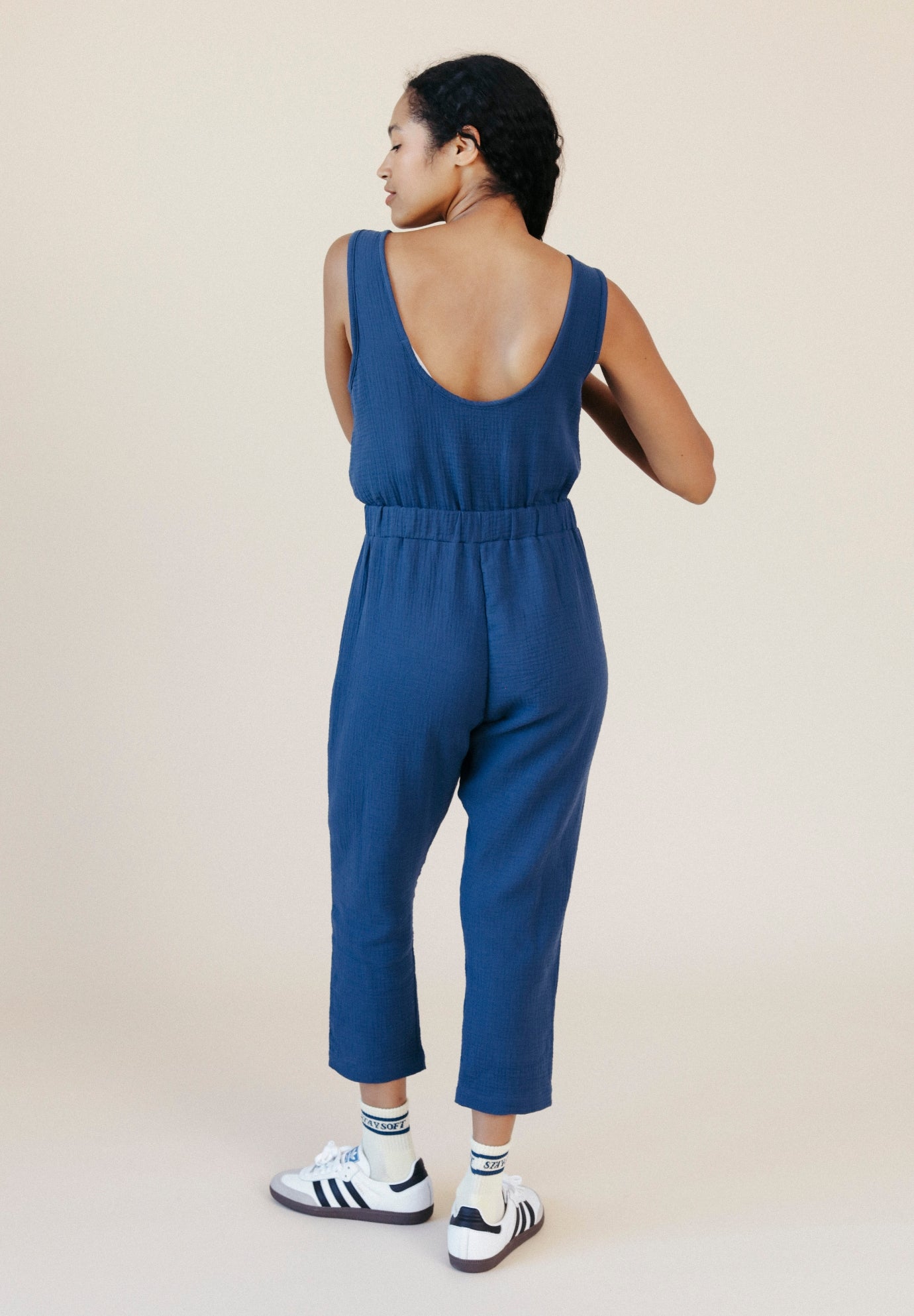 Women's Organic Cotton Double Gauze Jumpsuit color Navy sizes XS-3X made in the USA