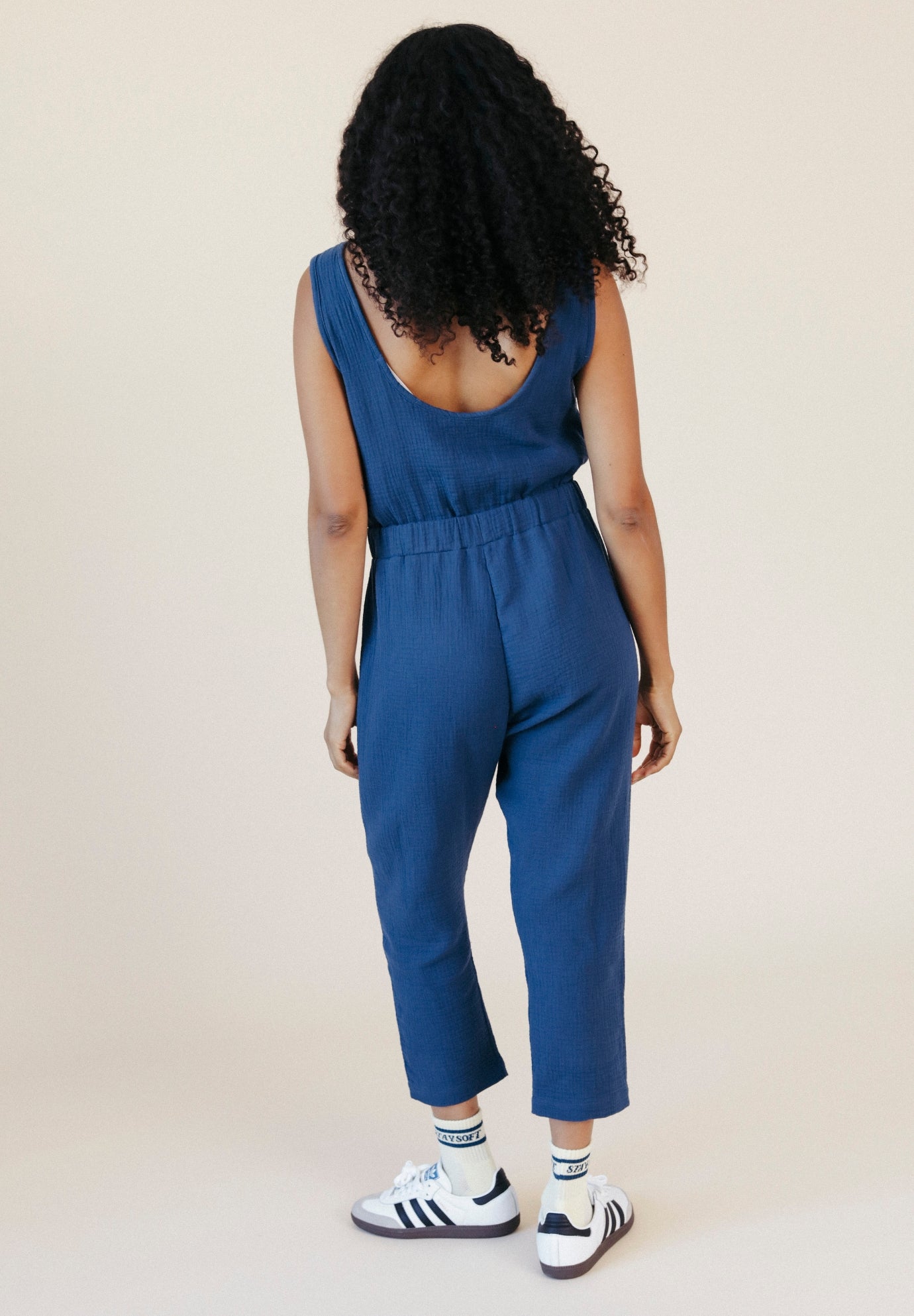 Women's Organic Cotton Double Gauze Jumpsuit color Navy sizes XS-3X made in the USA