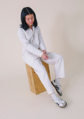 Women's Denim Jumpsuit sizes XS-3X. Women's Upcycled Denim Jumpsuit  Natural color sewn in America.