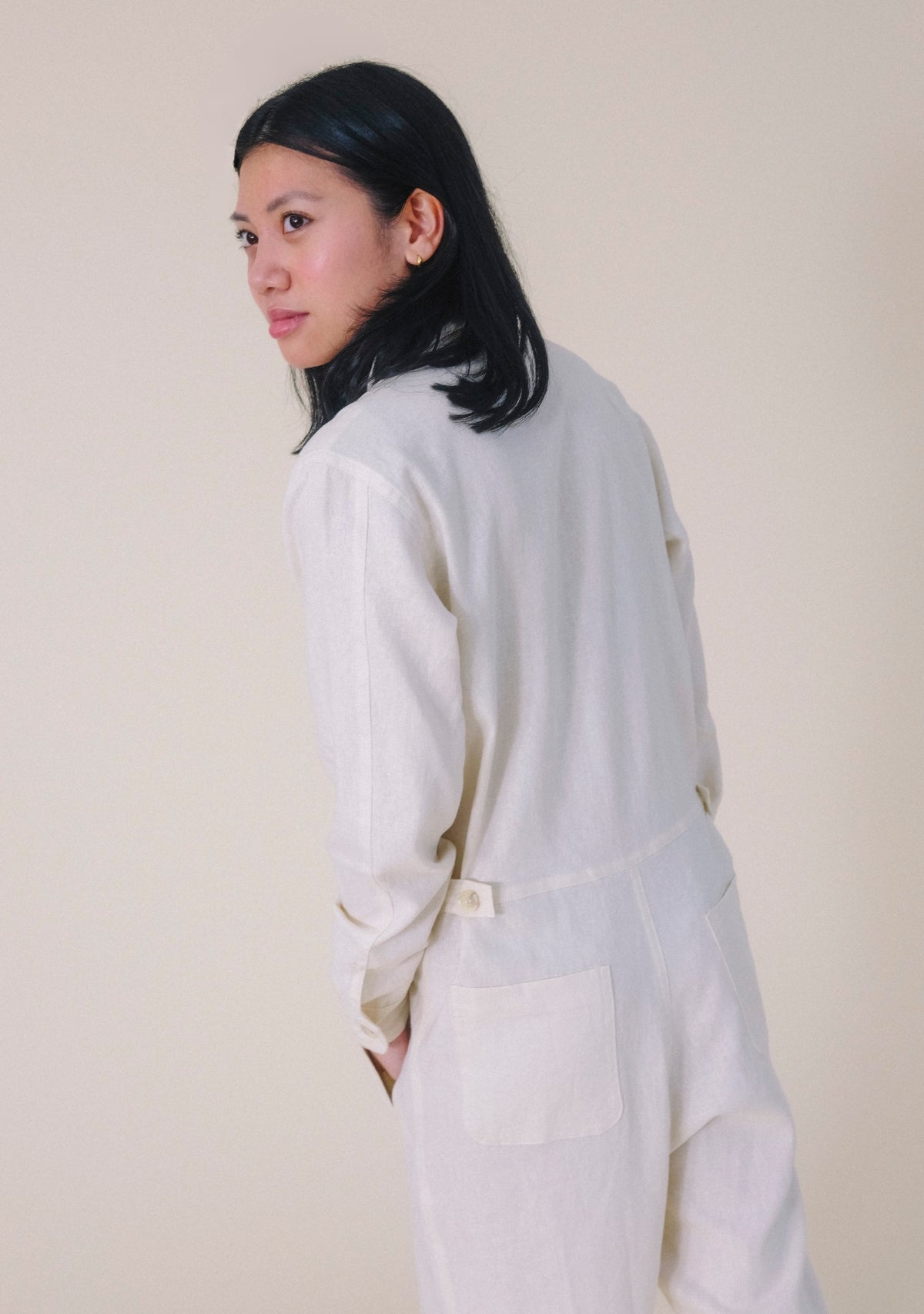 Women's Denim Jumpsuit sizes XS-3X. Women's Upcycled Denim Jumpsuit Natural color sewn in America. The New Denim Project