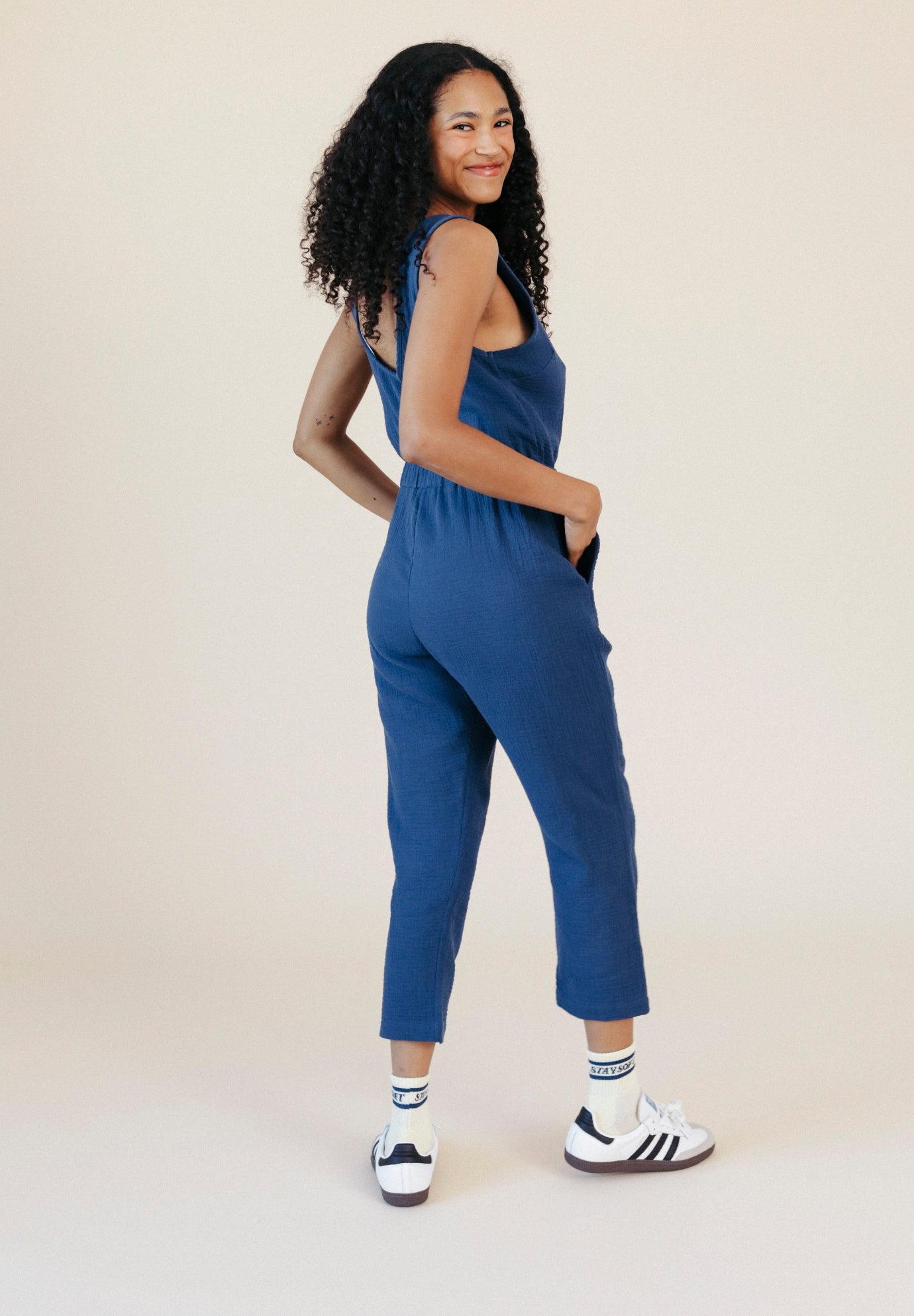 Women's Organic Cotton Double Gauze Jumpsuit color Navy sizes XS-3X made in the USA