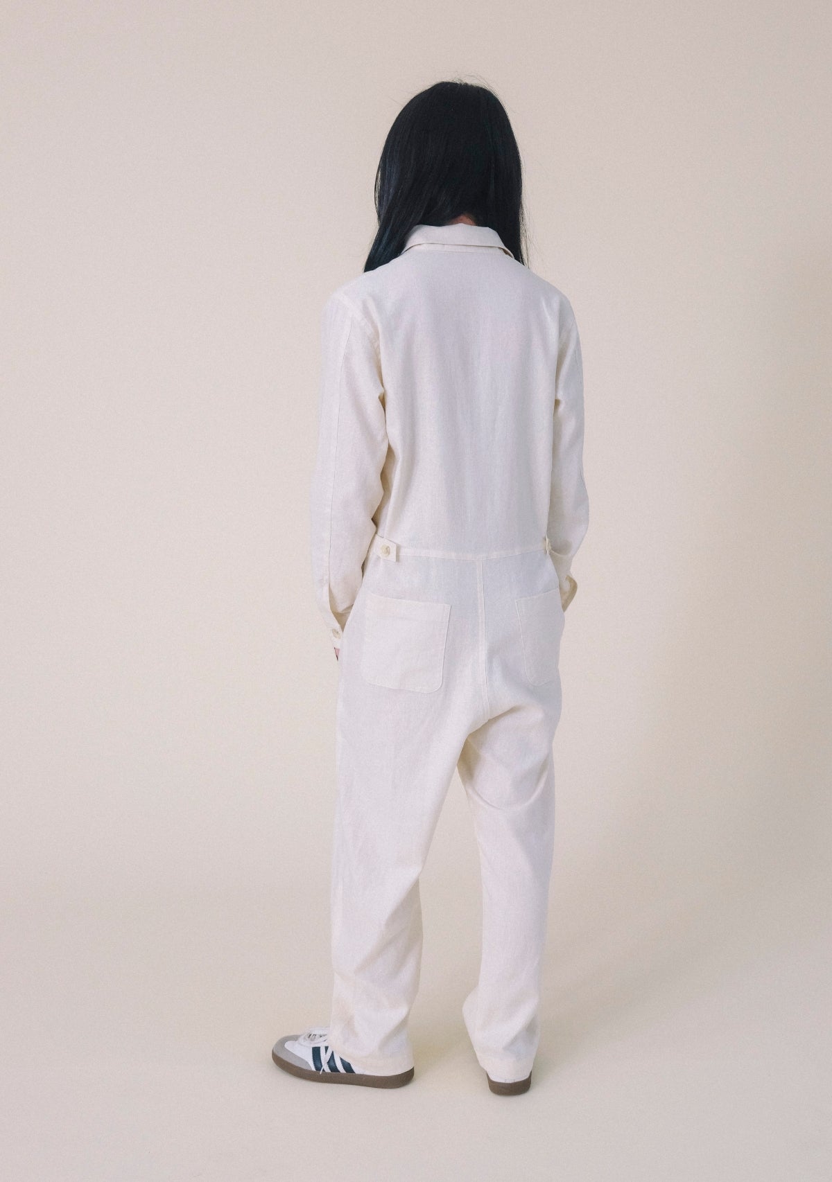 Women's Denim Jumpsuit sizes XS-3X. Women's Upcycled Denim Jumpsuit Natural color sewn in America. The New Denim Project