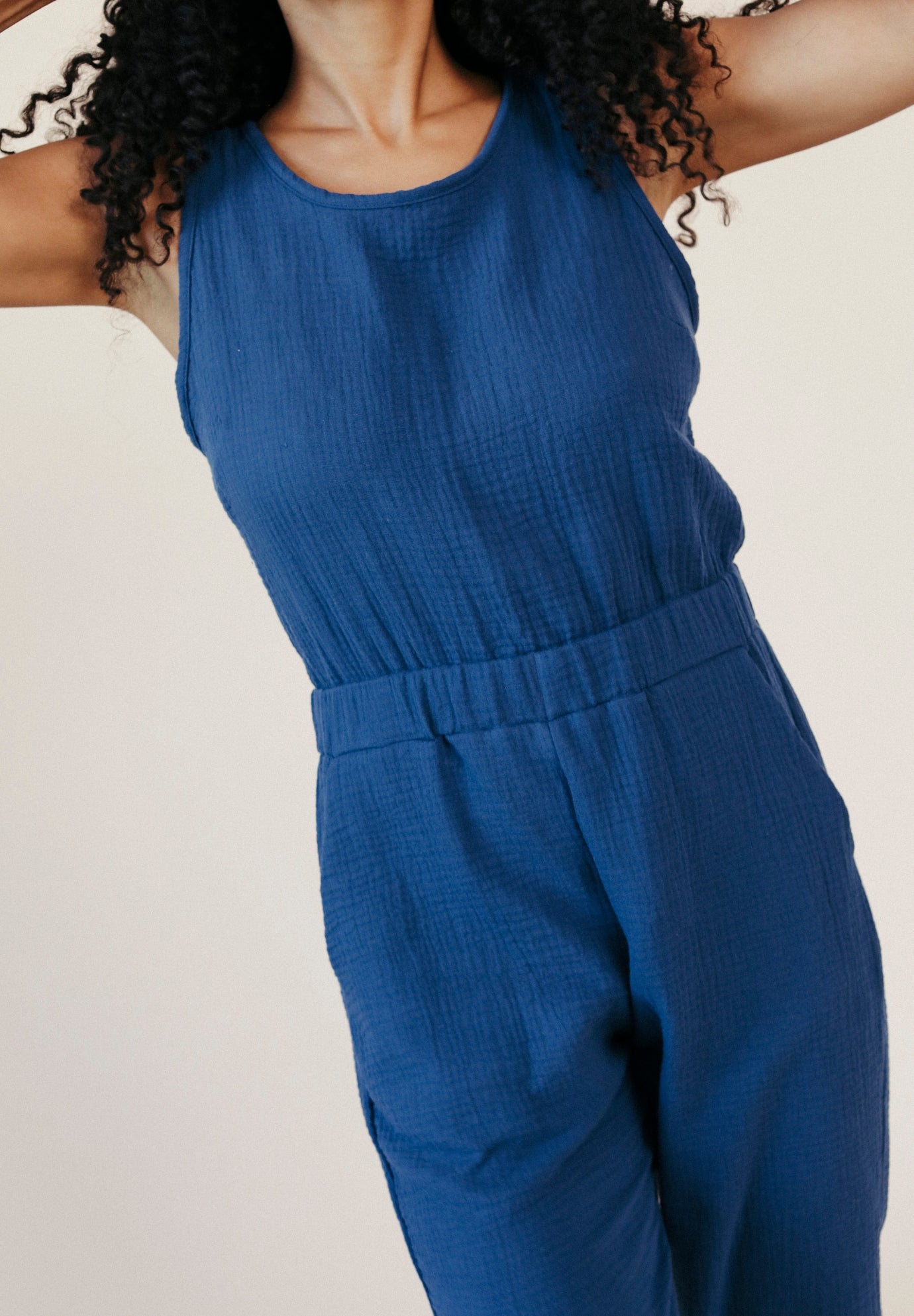 Women's Organic Cotton Double Gauze Jumpsuit color Navy sizes XS-3X made in the USA