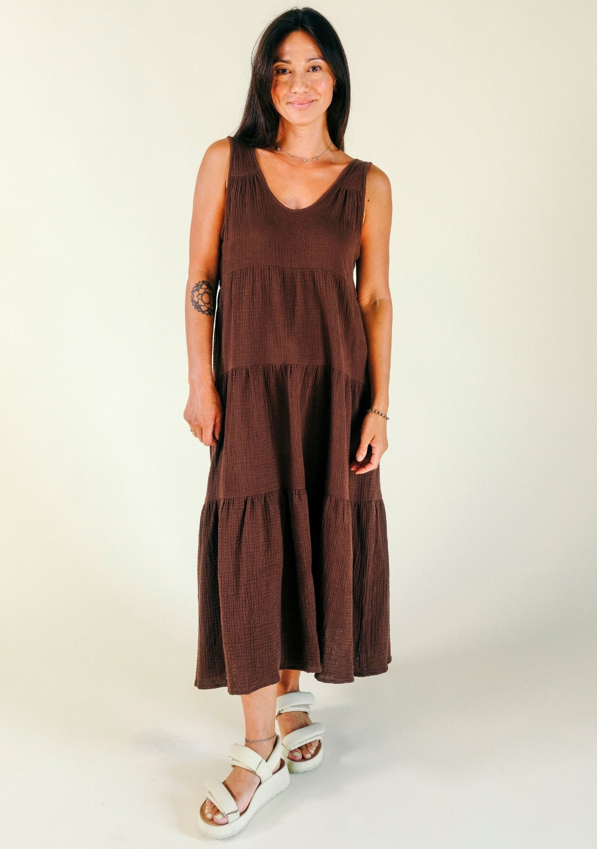 Teresa Tiered Tank Dress in Brown, made from premium Organic Cotton Double Gauze and sewn in Los Angeles, California sizes XS-3X