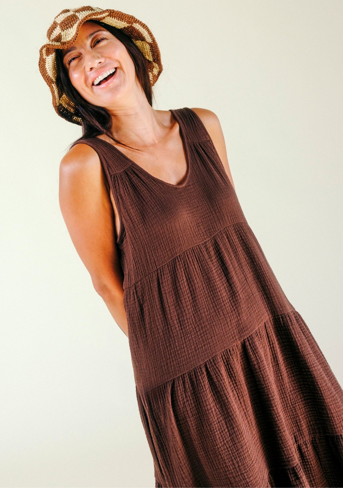 Teresa Tiered Tank Dress in Brown, made from premium Organic Cotton Double Gauze and sewn in Los Angeles, California sizes XS-3X