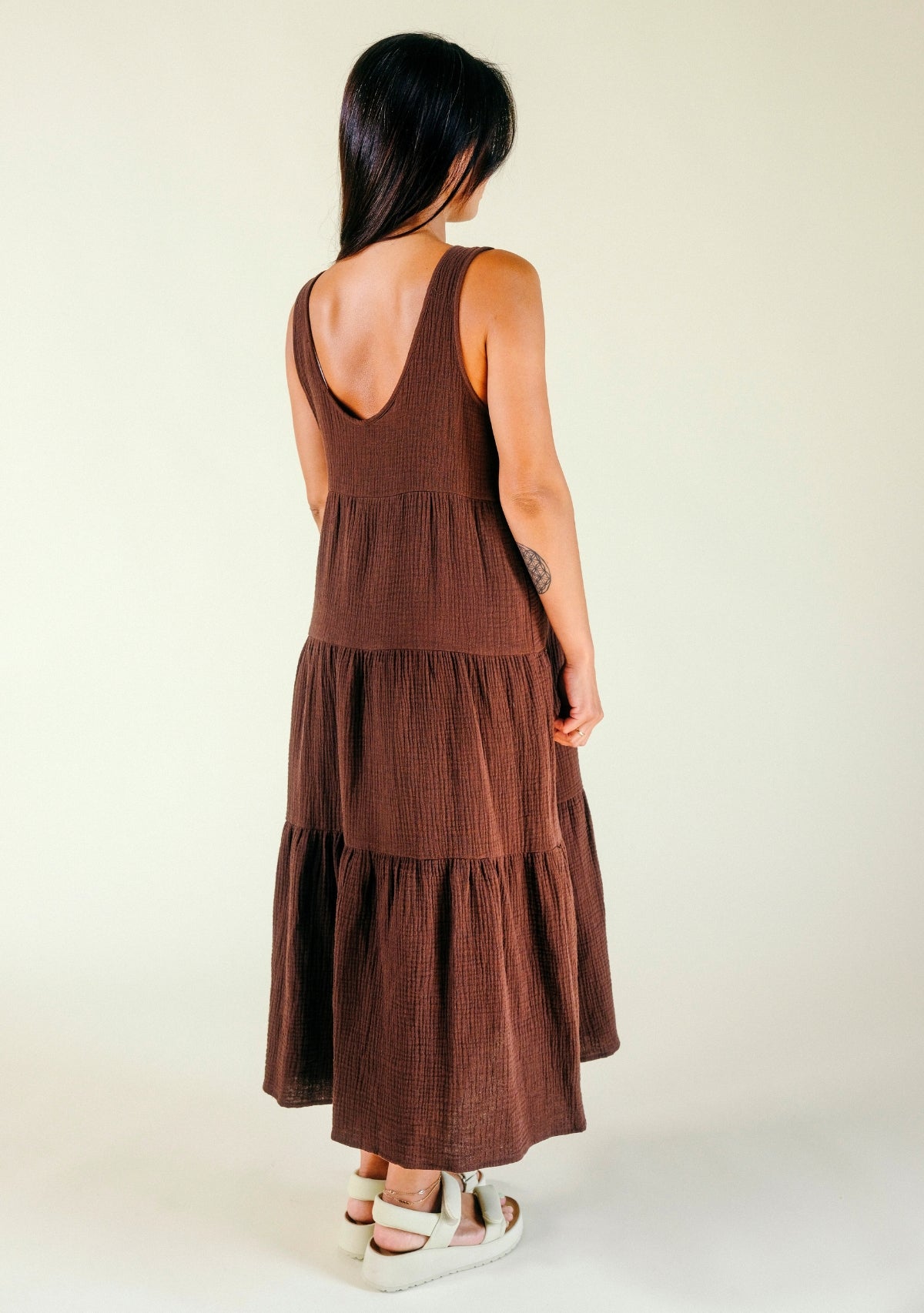 Teresa Tiered Tank Dress in Brown, made from premium Organic Cotton Double Gauze and sewn in Los Angeles, California sizes XS-3X