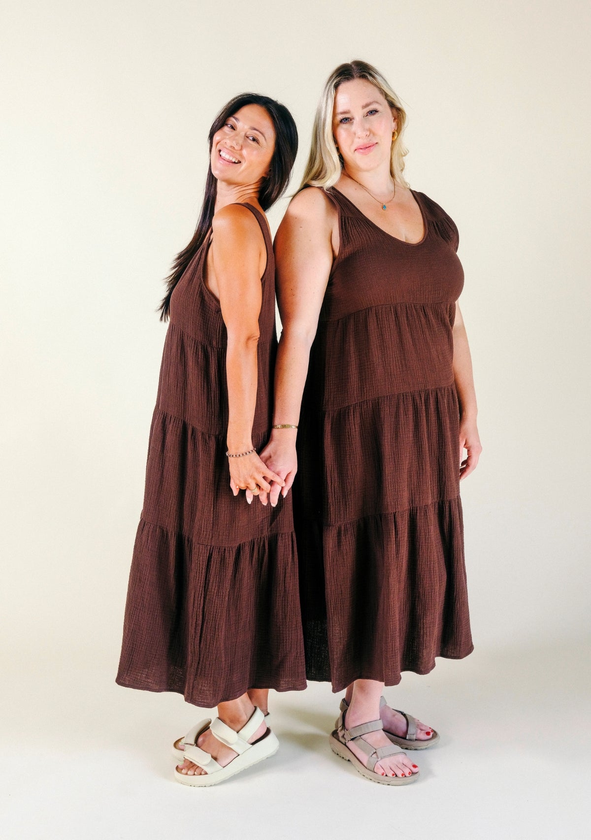 Teresa Tiered Tank Dress in Brown, made from premium Organic Cotton Double Gauze and sewn in Los Angeles, California sizes XS-3X