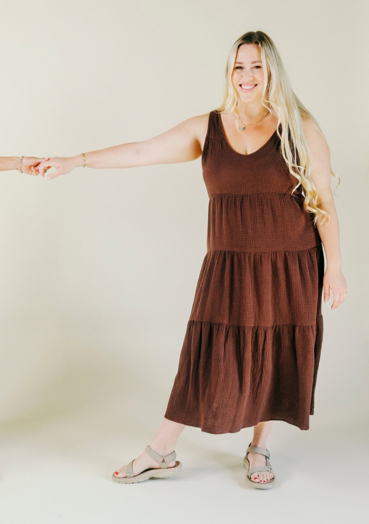Teresa Tiered Tank Dress in Brown, made from premium Organic Cotton Double Gauze and sewn in Los Angeles, California sizes XS-3X