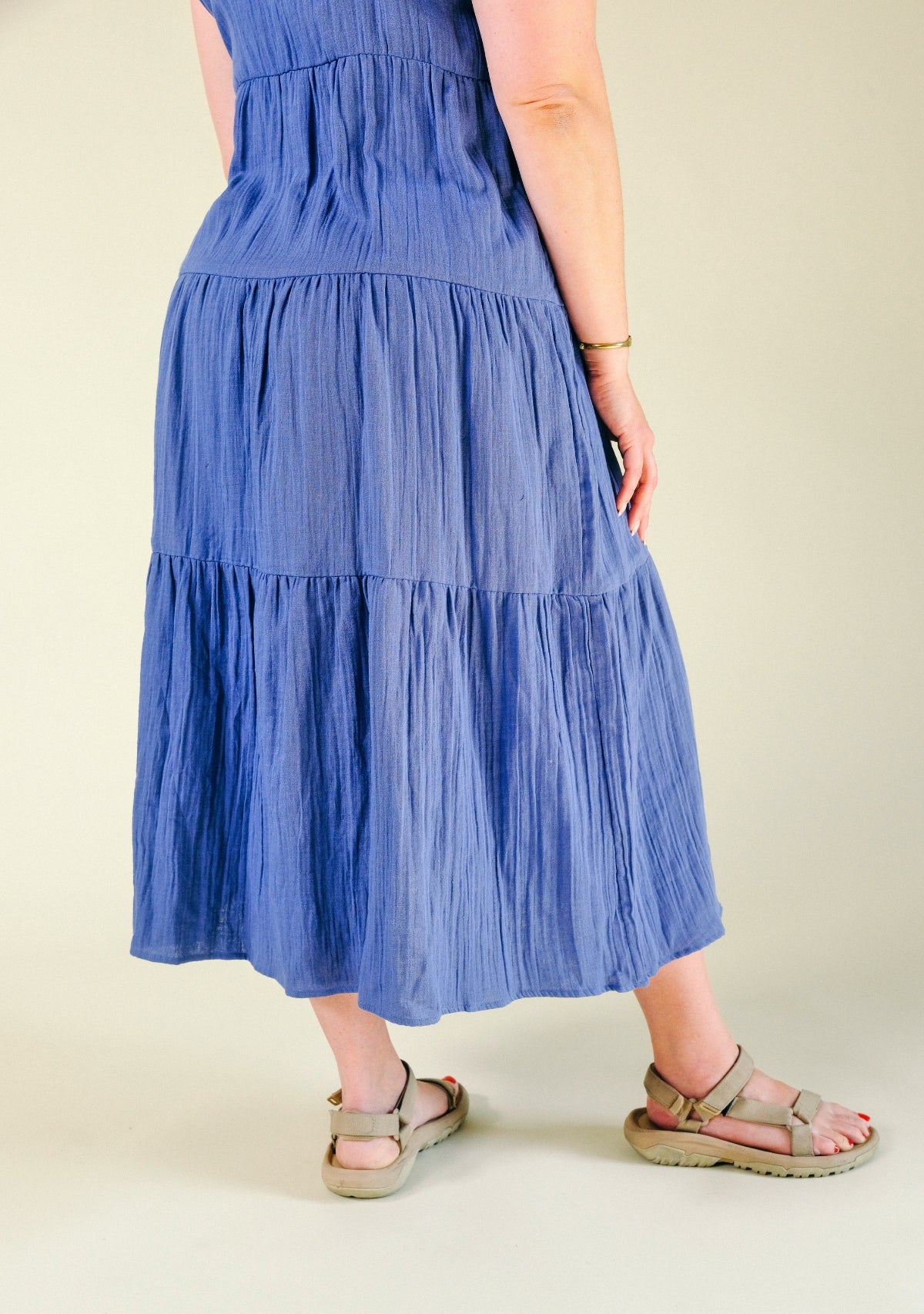 Teresa Tiered Tank Dress in Color Blue sizes XS-3X, made from premium Organic Cotton Double Gauze and sewn in Los Angeles, California