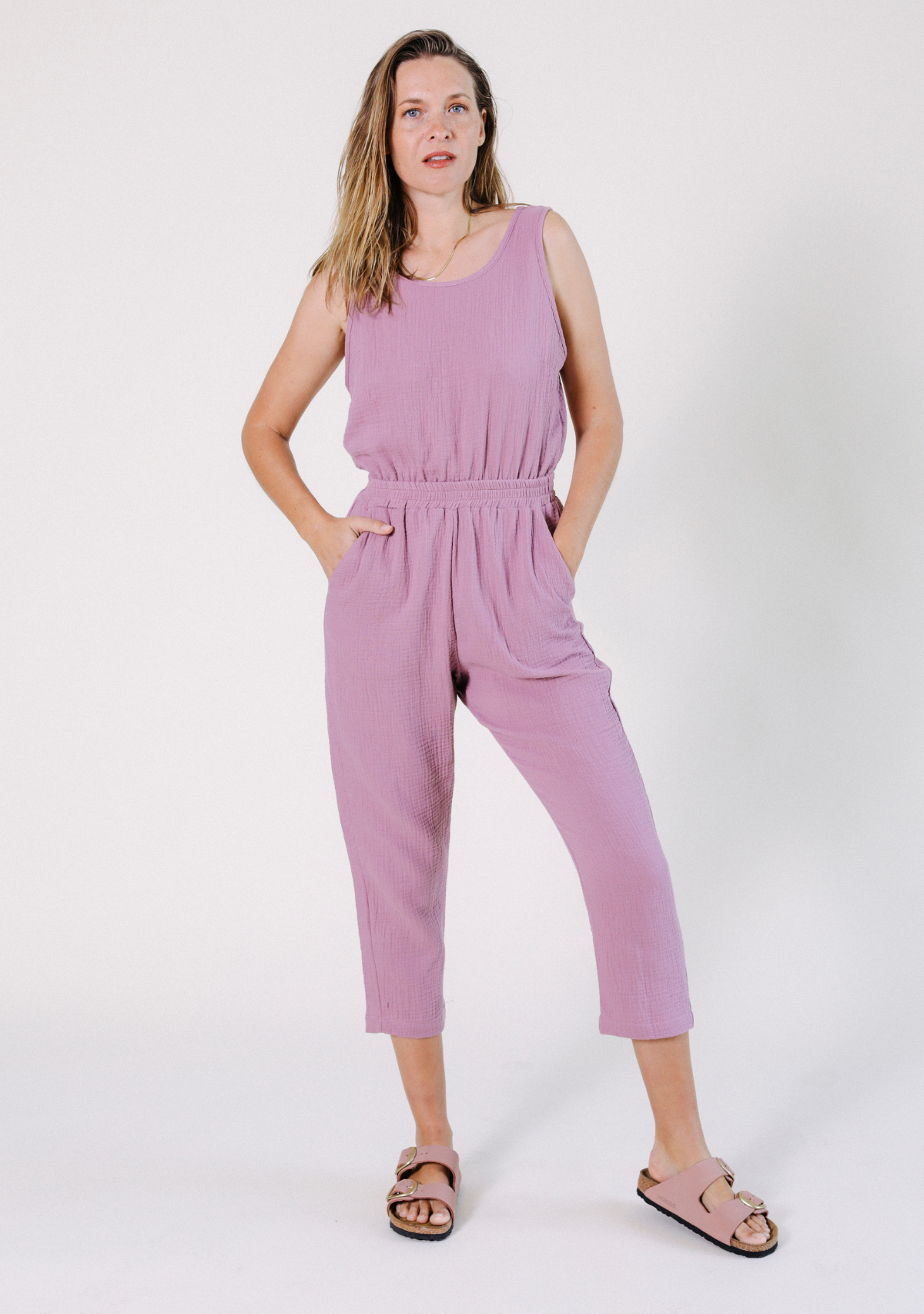 Women's Tank Jumpsuit made from 100% Organic Cotton Gauze Ginger Pink Sizes XS-3X