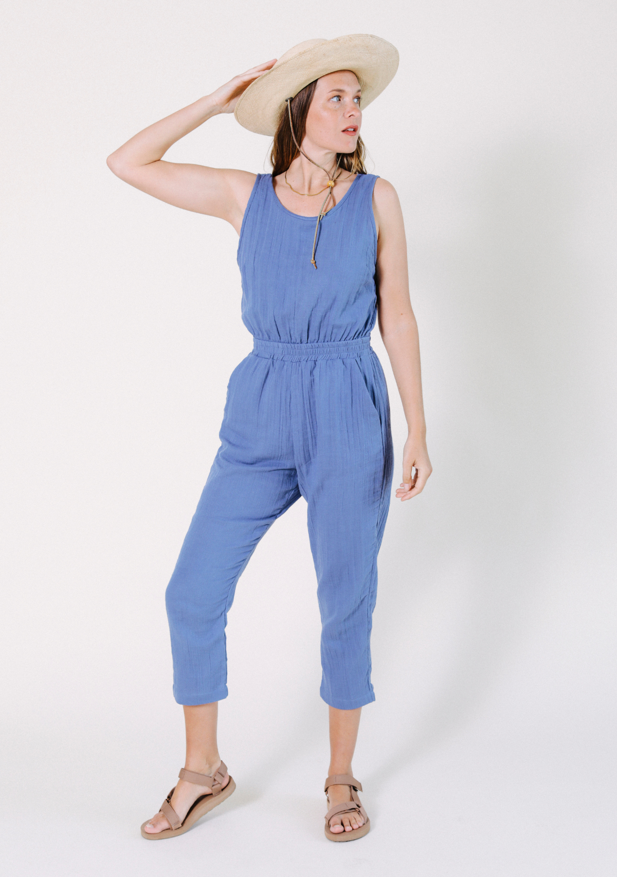 Women's Tank Jumpsuit made from 100% Organic Cotton Gauze Ocean Blue Sizes XS-3X