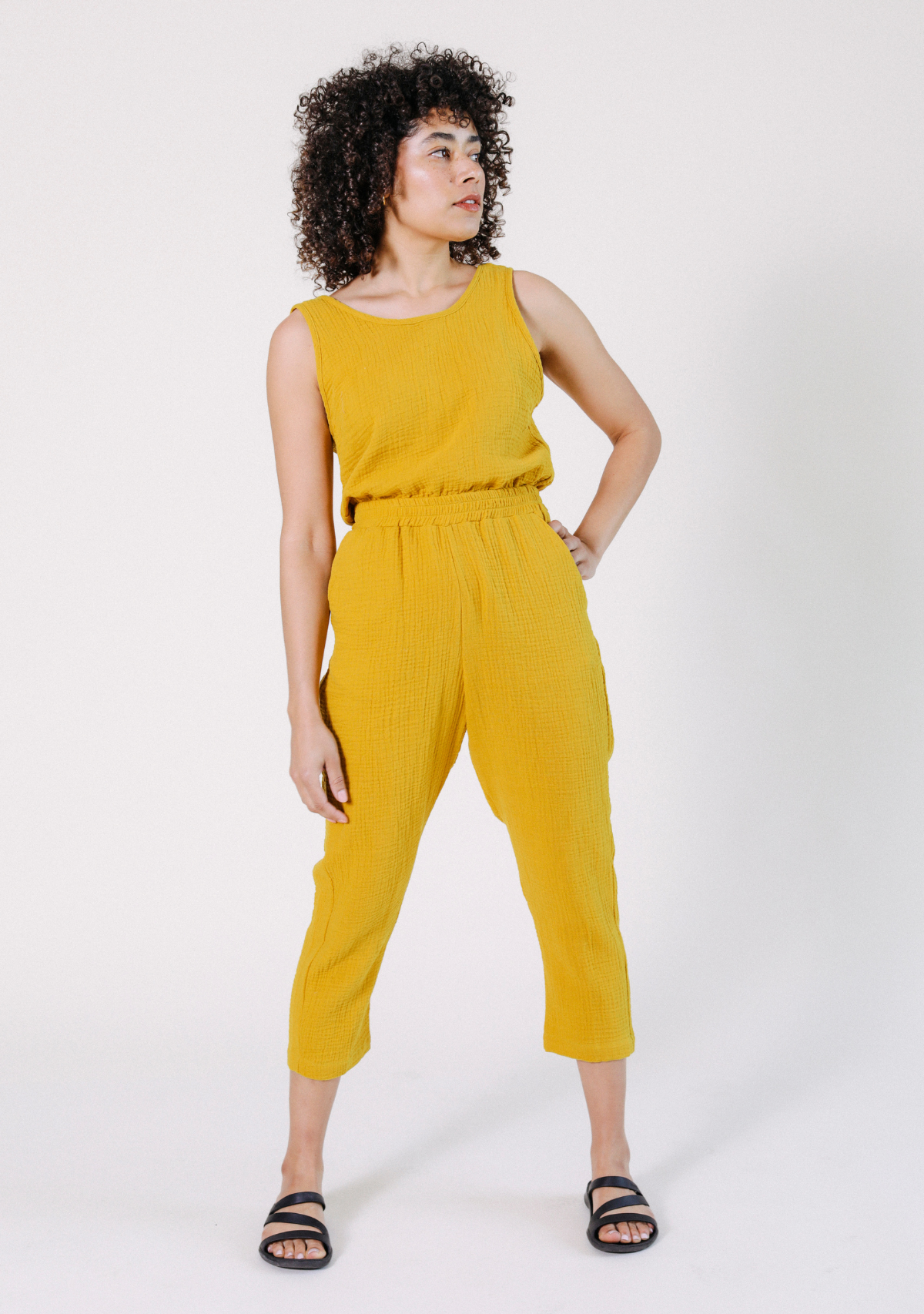 Women's Tank Jumpsuit made from 100% Organic Cotton Gauze Golden Yellow Sizes XS-3X