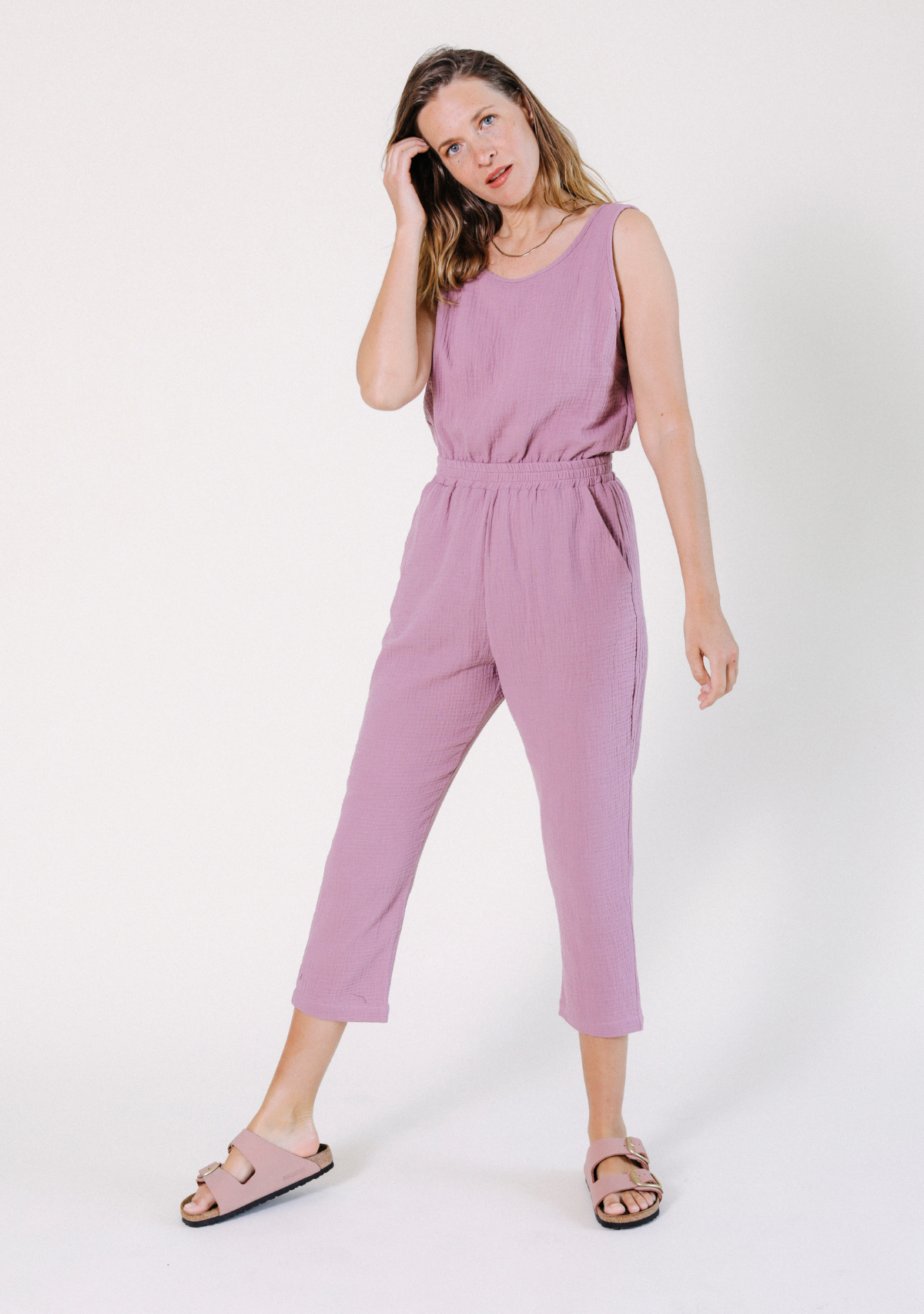 Women's Tank Jumpsuit made from 100% Organic Cotton Gauze Ginger Pink Sizes XS-3X