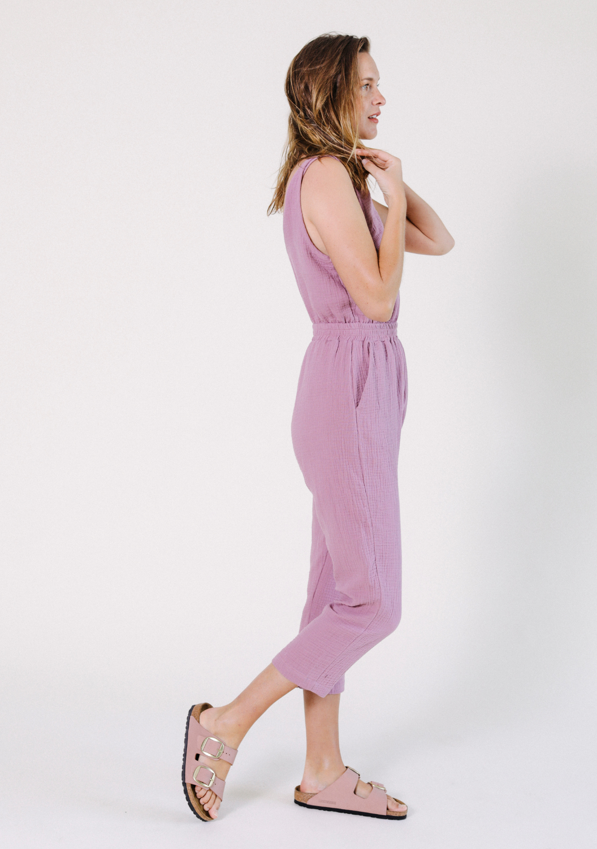 Women's Tank Jumpsuit made from 100% Organic Cotton Gauze Ginger Pink Sizes XS-3X