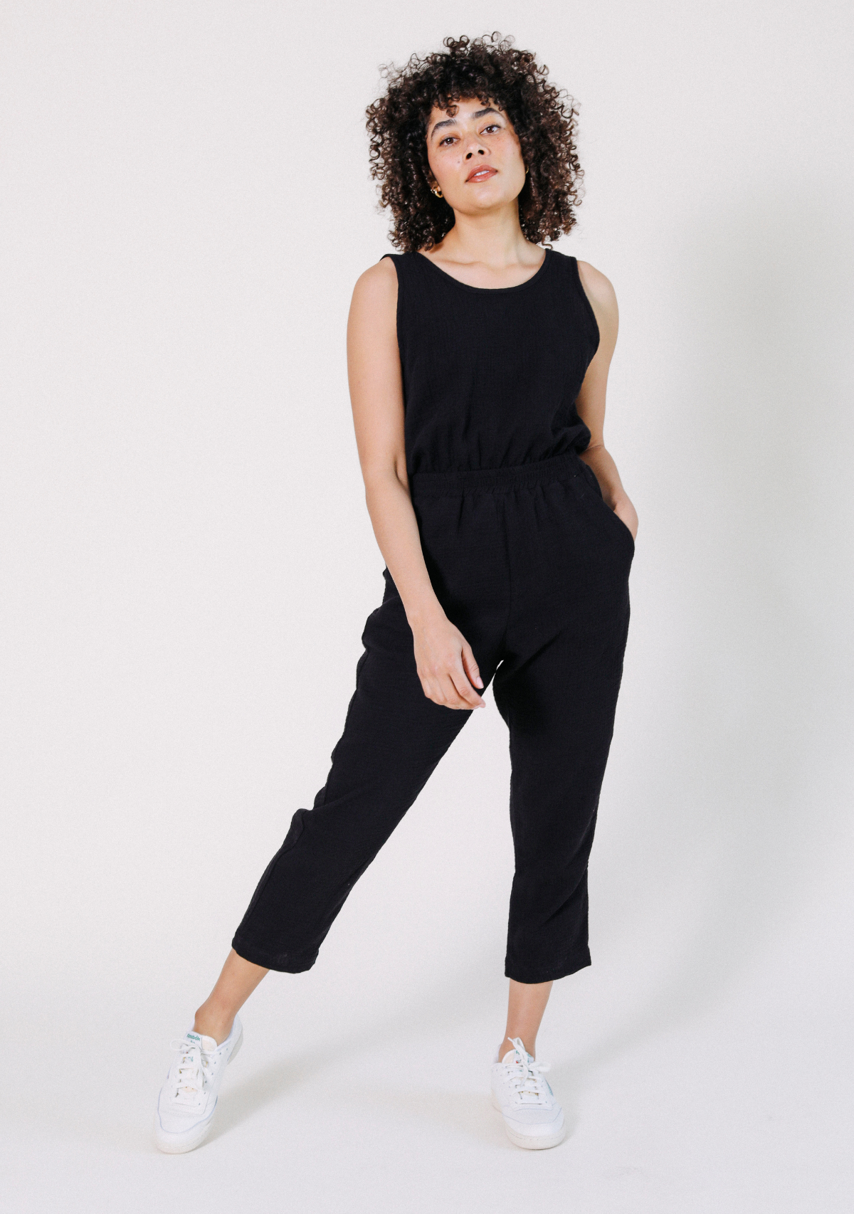 Women's Tank Jumpsuit made from 100% Organic Cotton Gauze Black Sizes XS-3X