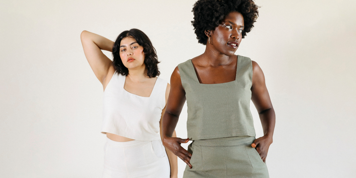 Two humans wear Linen POPLINEN outfits