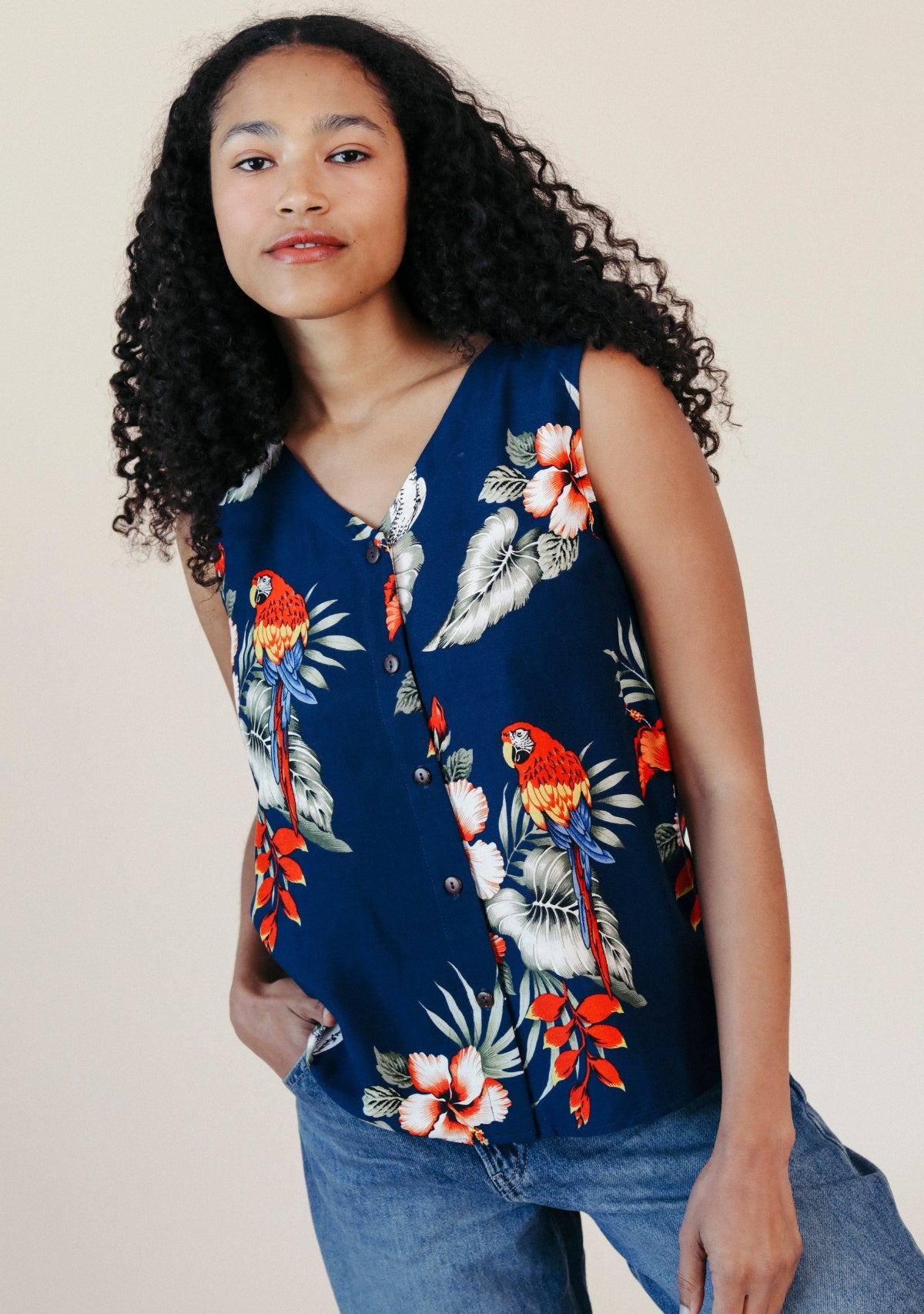 Women's Blue Tropical Print Button Up Sleeveless Top made in the USA with coconut buttons