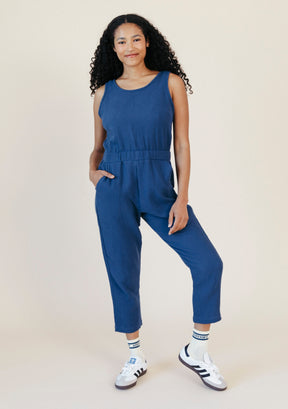 Women's Organic Cotton Double Gauze Jumpsuit color Navy sizes XS-3X made in the USA