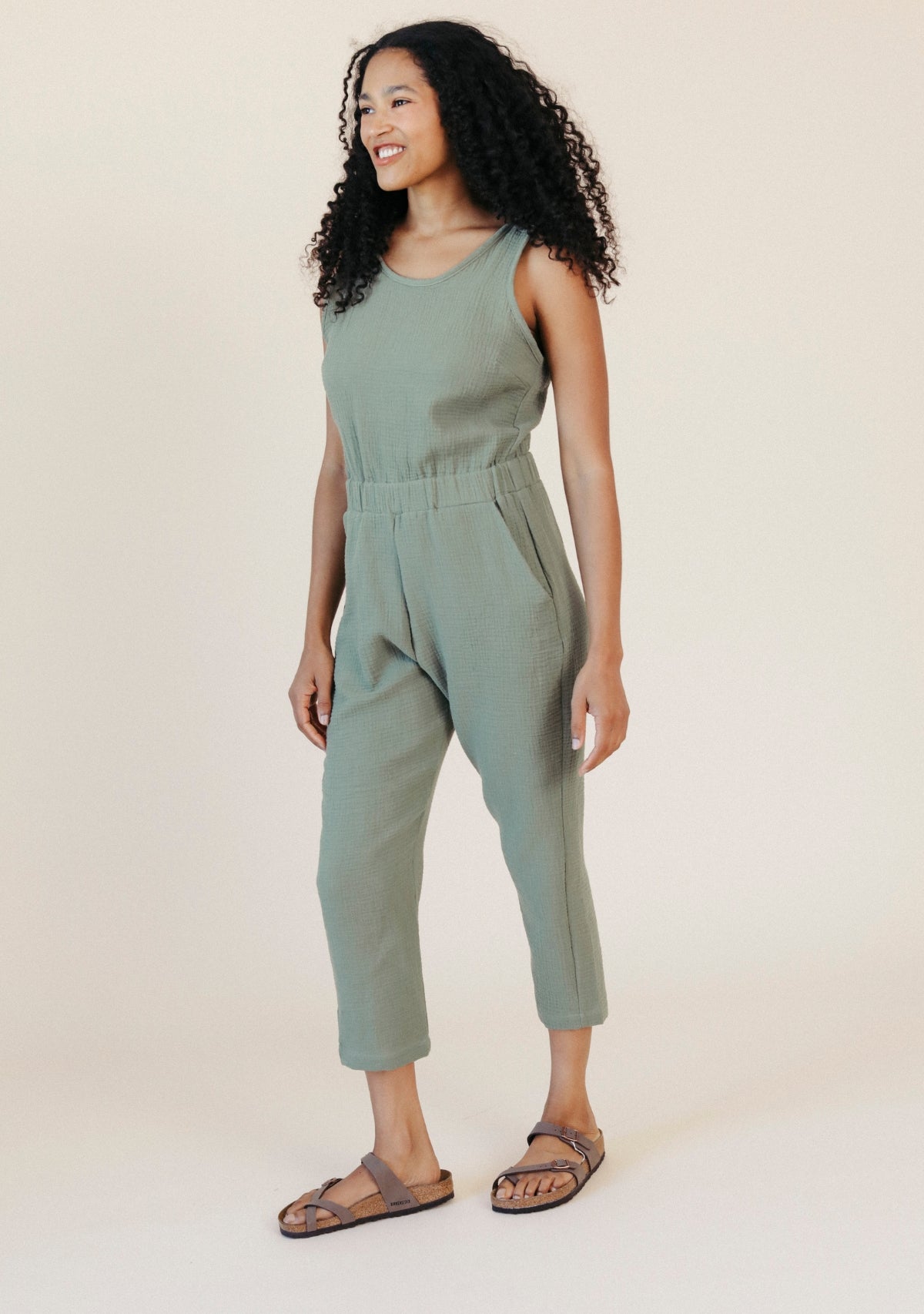 Women's Organic Cotton Gauze Jumpsuit Sage Green size XS-3X made in the USA