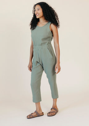 Women's Organic Cotton Gauze Jumpsuit Sage Green size XS-3X made in the USA