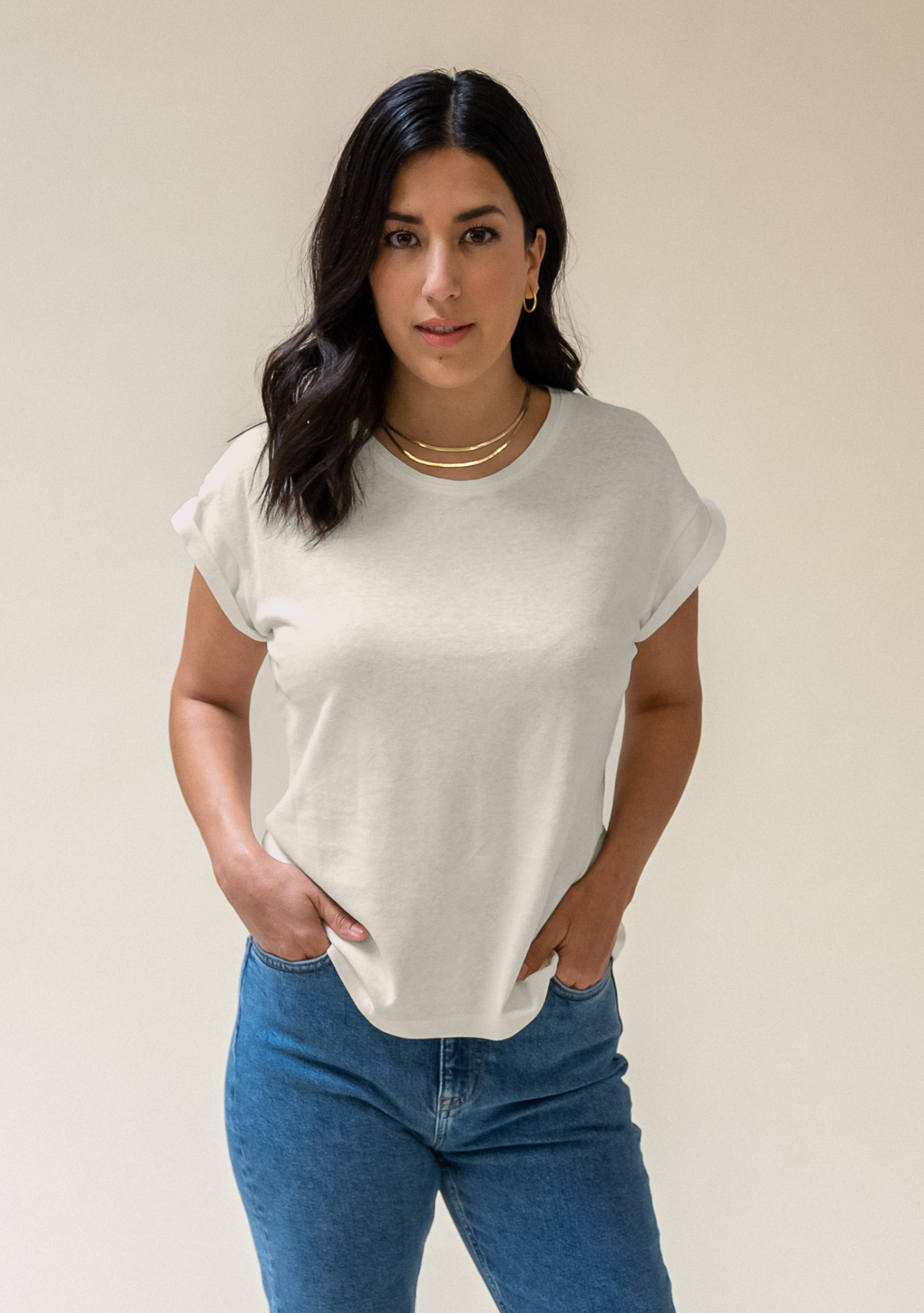 Women's Hemp Tee in the fresh color natural is made from a blend of Hemp and Organic Cotton Jersey sizex XS-3X Made in America Sustainable Women's Tee