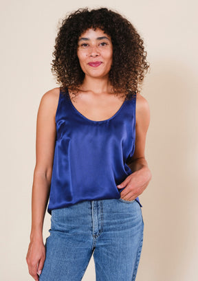 Poplinen Isa navy blue silk tank top with flattering neckline, bust darts and softly curved hem