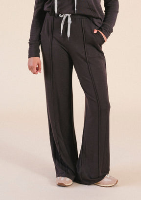 Women's modal wideleg jogger pants with pockets and drawstring in dark brown sizes XS-3X. Eco-friendly made in America.