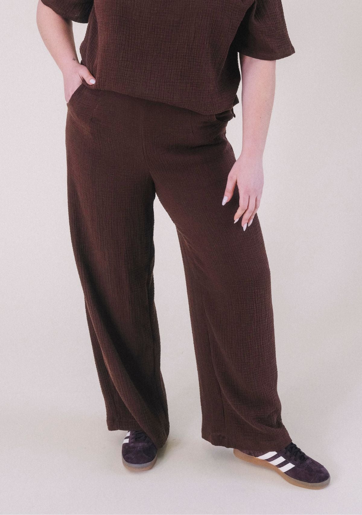 Poplinen x Simone Organic Cotton Gauze Long Wide Leg Pant in color chicory coffee. women's sizes XS-3X