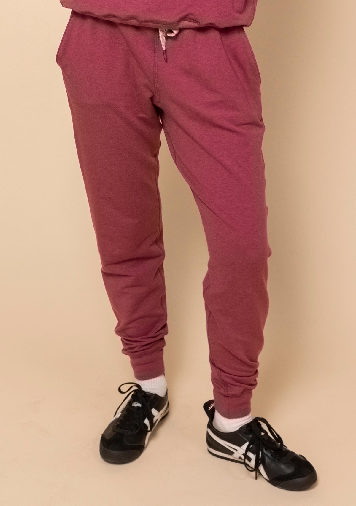Burnt Rose Cozy Cuffed Joggers for women sizes XS-3X made in America from organic cotton french terry and tencel. 