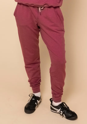 Burnt Rose Cozy Cuffed Joggers for women sizes XS-3X made in America from organic cotton french terry and tencel. 