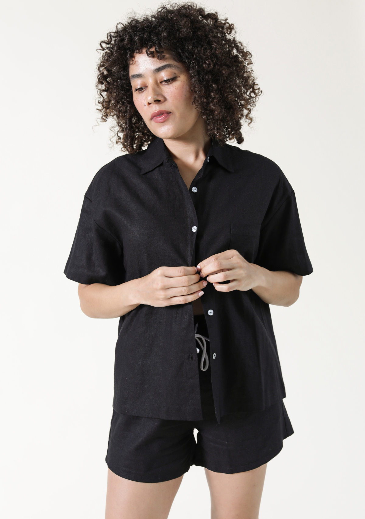 Women's Black Linen Short Sleeve Button Down Shirt Sizes XS-3X